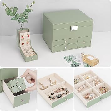 Jewellery Box Organiser, 3 Layers Large PU Jewelry Storage Case with Portable Case, Jewellery Box with Removable Tray and Mirror for Necklace Earring Ring Watch, Avocado Green