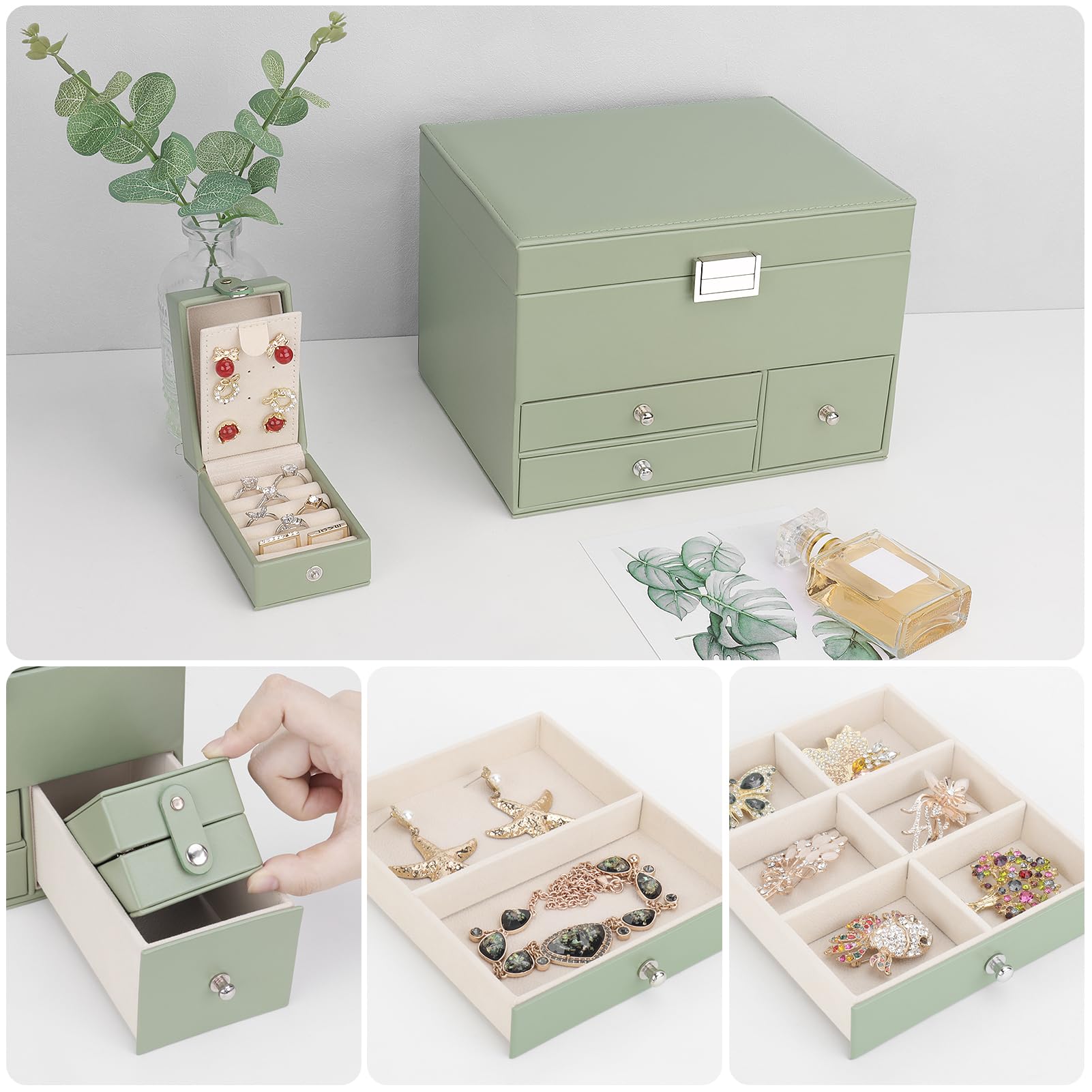 Schmuckkästchen, 3 Ebenen großer PU Leder Reise Schmuckschatulle mit tragbarer Mini-Box für Reisen, Schmuckbox mit Spiegel für Halsketten, Ohrringe, Ringe, Uhren, Avocadogrün