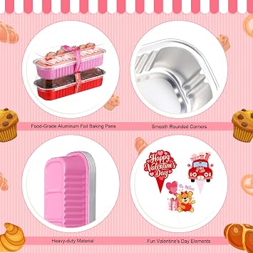 24 Sets Valentines Mini Loaf Pans with Lids, Cake Toppers, Shovel Spoons, Stickers Disposable Rectangular Aluminum Foil Cake Tins Pans Set for Valentine's Day Baking Supplies Party Favors