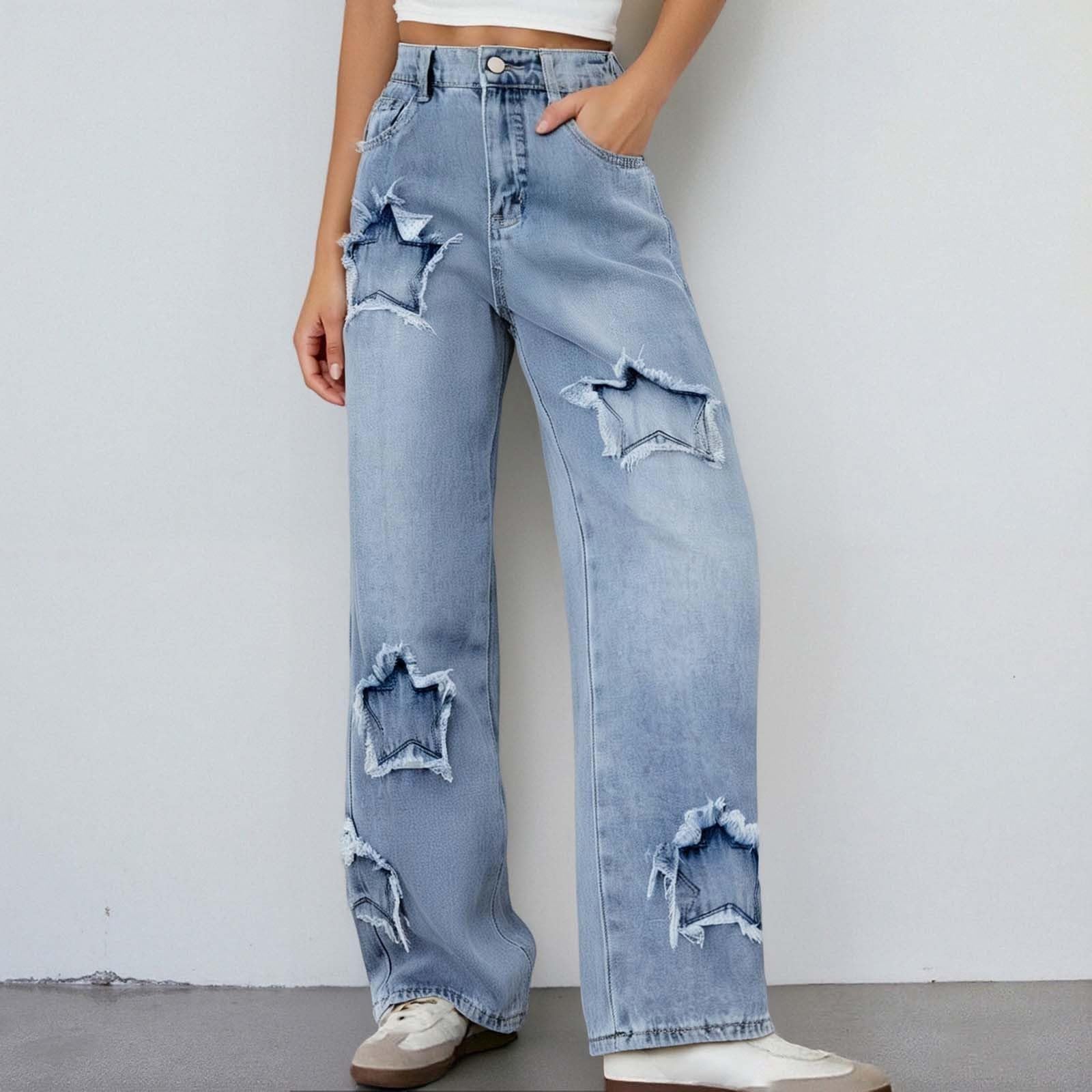 Pantalones Vaqueros NiñA -Pantalones De Moda para NiñAs con Decoraciones De Estrellas, Cintura EláStica, Vaqueros De Pierna Ancha para Adolescentes, Atuendo Casual Y CóModo para Uso Diario,