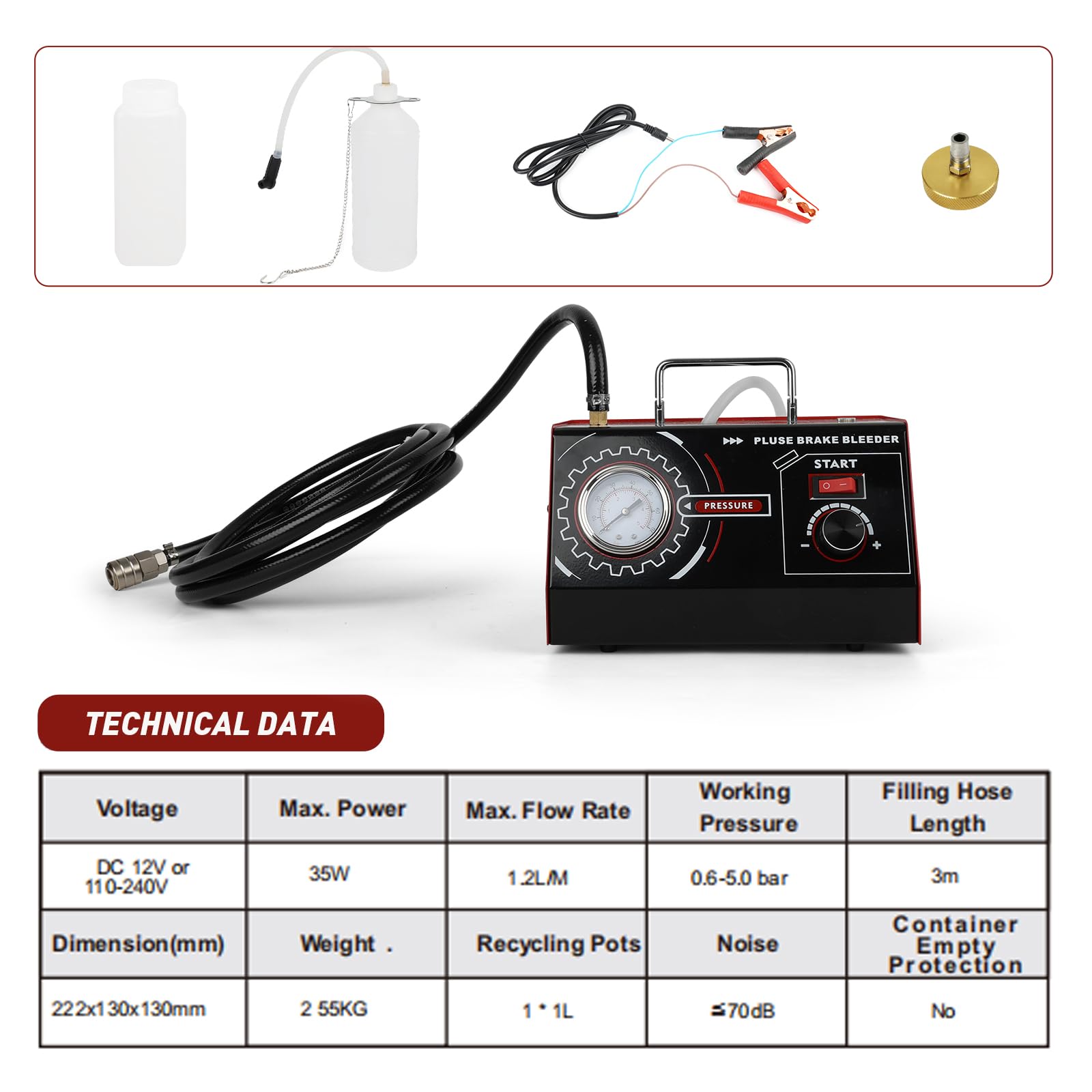 JAOGAUS Dispositivo de Purga de Frenos DC 12V, Sistema Automático Pulsante | para Cambio de Líquido de Frenos, Presión Ajustable 0,5–2,5Bar con Adaptador de Cilindro Maestro y Botella de Recogida, Negro