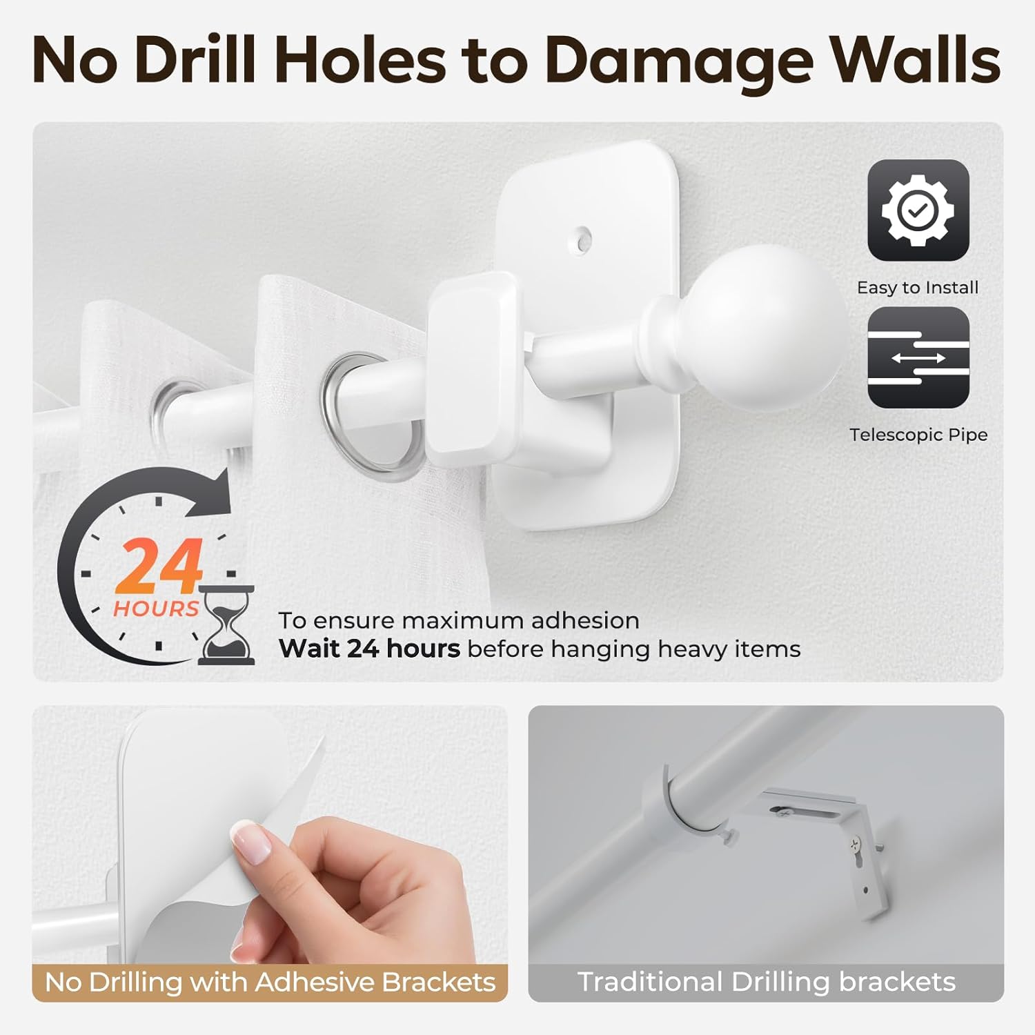 Zeerobee Curtain Rods No Drilling for Windows 48 to 84, No Drill Curtain Rods with Adhesive Brackets, 5/8 Inch Diameter Adjustable Renter Friendly Drapery Pole, White, 32"-86"