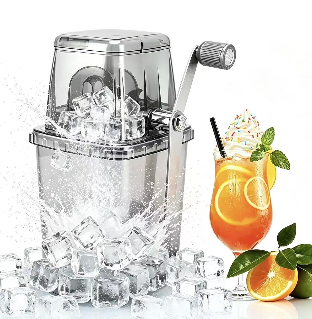 Tragbarer manueller Handkurbel Eiszerkleinerer Edelstahl Mini Eisrasierer Zerkleinerer mit rutschfestem Boden, 1,25 l transparente Eismühle für die Zubereitung von Slush Cocktail Eiskaffee Sommer