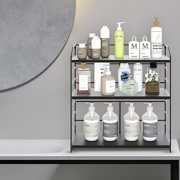 Ayarlanabilir Raflı 40cm Baharatlık, Organizer, Düzenleyizi Tezgahüstü Banyo, Mutfak, Ofis Model-1 (Siyah)