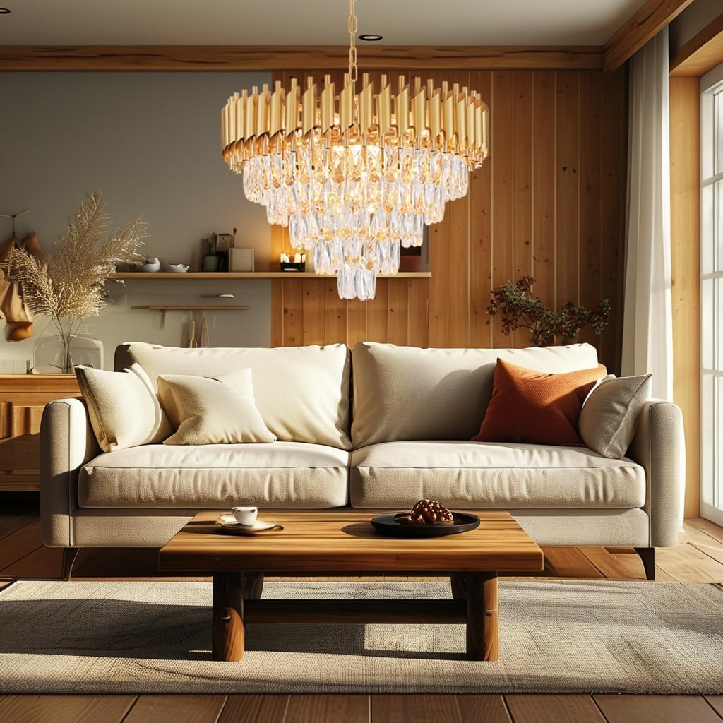 Modern Gold K9 Crystal Chandelier Luxury Round Crystal Chandelier Flush Mount Chandeliers Pendant Ceiling Light Fixture Ideal for Dining Room Living Room, Foyer W60cm 12 E12Base