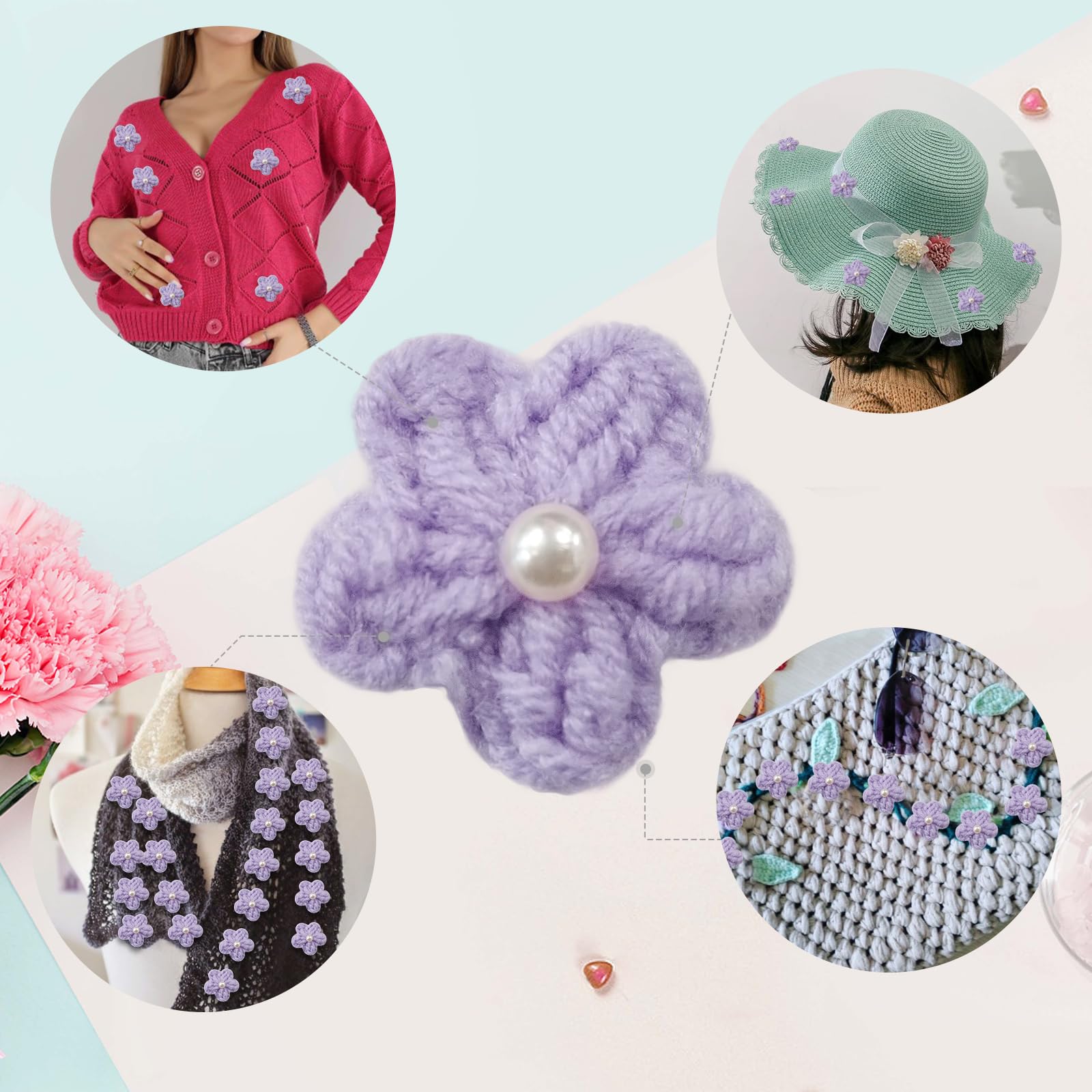 Jtnohx Knitted Flower Patches,Crochet Flowers Applique,25pcs Handmade Floral Sew on Patches,3cm DIY Appliques Embellishments with Pearl - Image 3