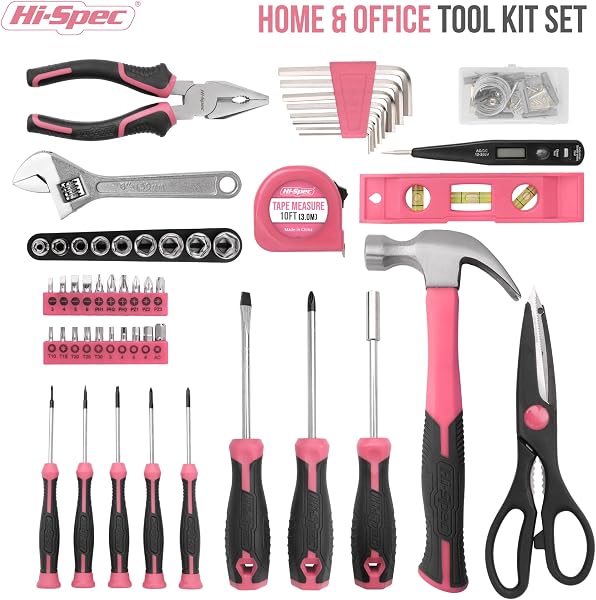 Hi-Spec 56pc Pink Home & Office DIY Tool Kit Set. Complete Household Tool Box with Essential Hand Tools Included for Basic Repairs, Maintenance & Home Improvement Projects - 2