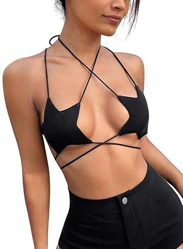 Rave Star Top Für Damen - Festival Outfit Sexy Spaghettiträger Rücken Verkreuzt Sport BH Taillenketten Nightclub Body Chain Frauen Weste Verschiedene Tragemethoden Crop Tops - S - Schwarz