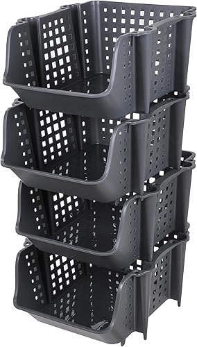 Miniatura 5 de Skywin Contenedores de almacenamiento apilables de plástico para despensa, color gris oscuro, paquete de 4 contenedores apilables para organizar