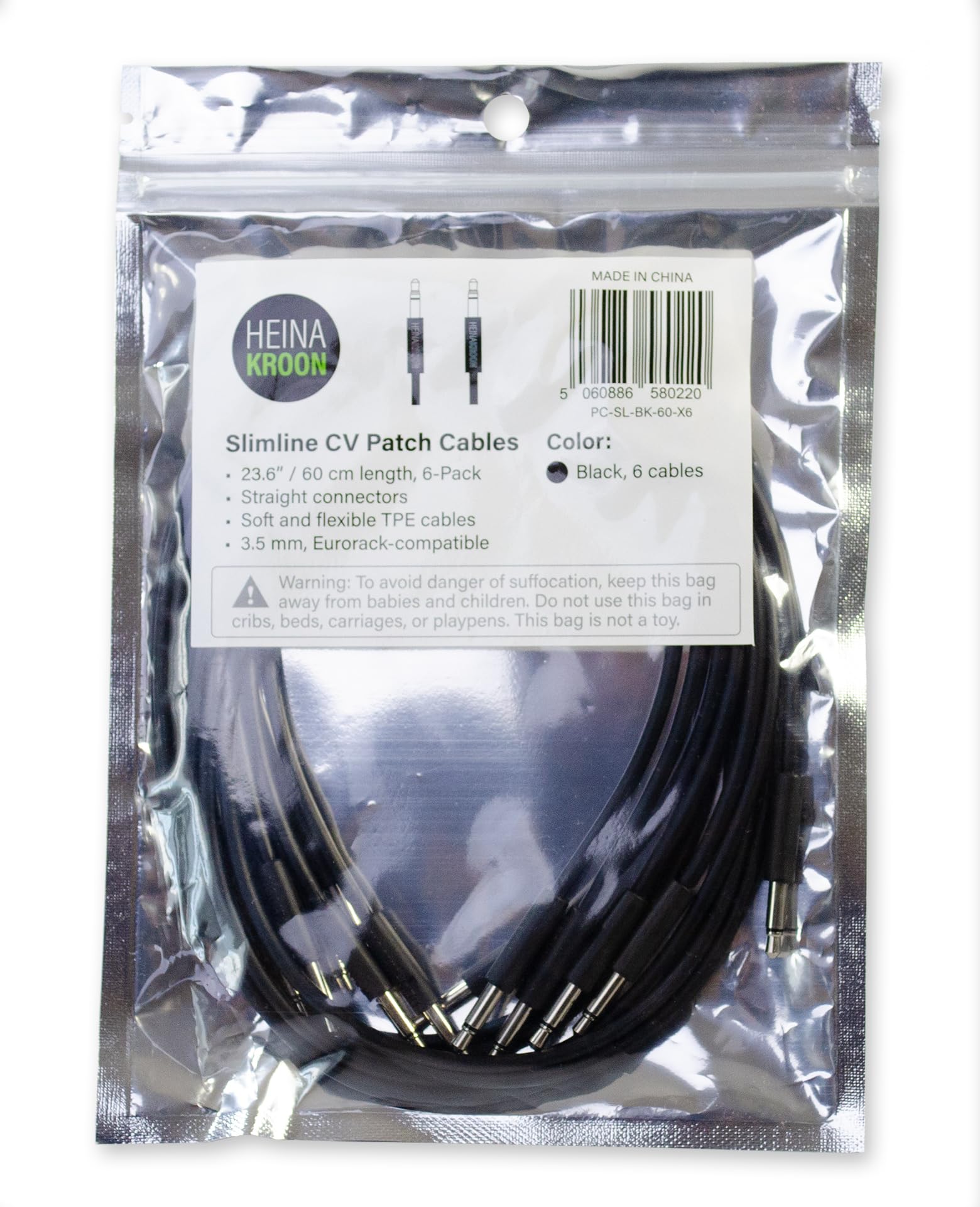 Heinakroon Slimline - Cables de conexión CV negros de 1/8 pulgadas, (no para guitarra), cables de conexión modulares Eurorack, paquete de 6 (23.6 pulgadas)