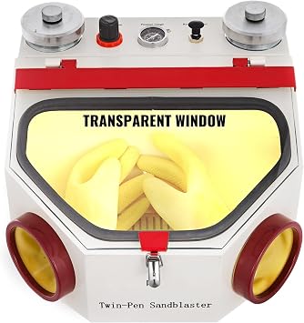 معدات Sandblaster المعملية 2 قلم + 2 خزان مع ضوء LED ونافذة عرض كبيرة ودواسة قدم للتحكم في إزالة الأكاسيد