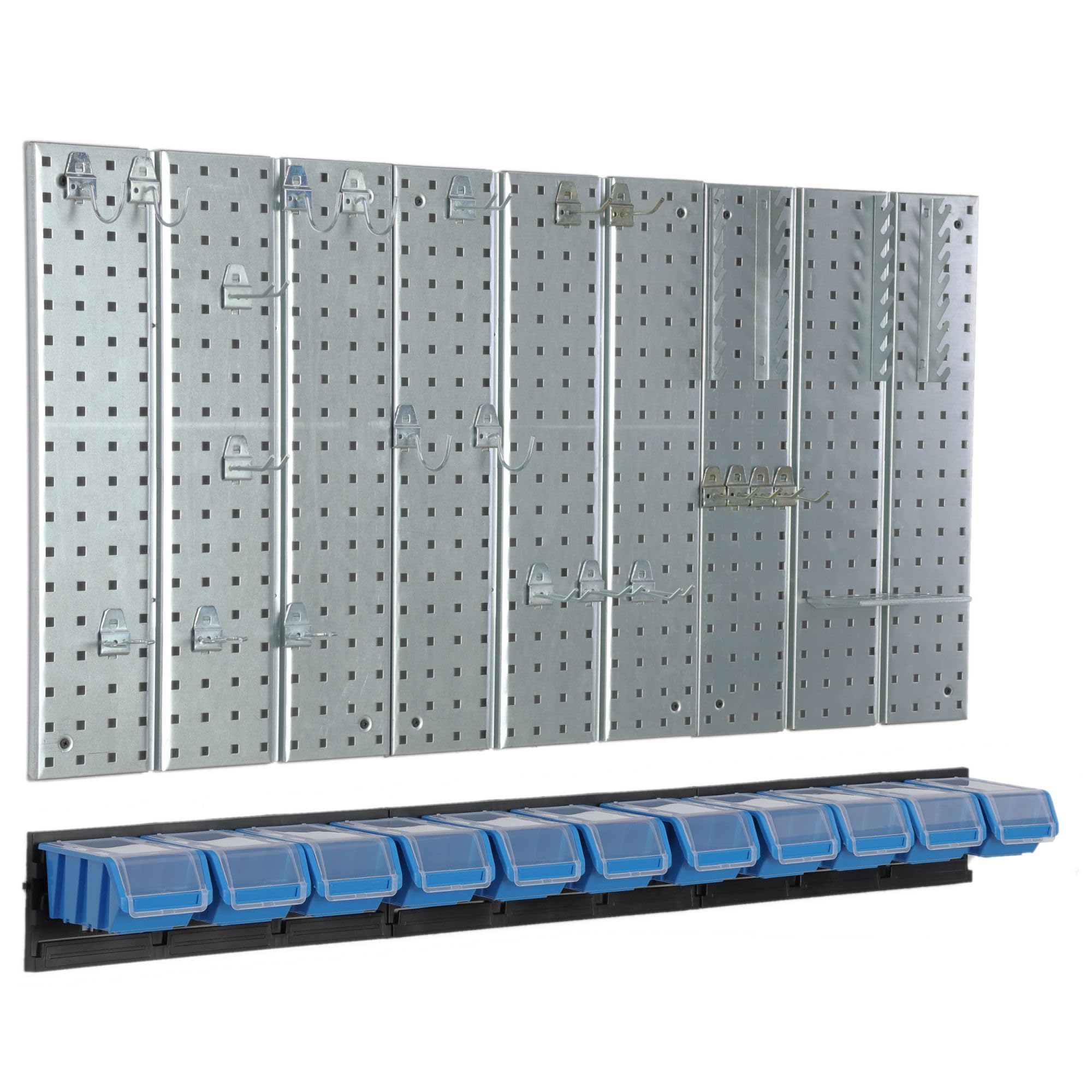 Panel de herramientas de metal 117 x 72 cm, sistema de almacenamiento con portaherramientas, ganchos para herramientas y 11 cajas apilables, 100 x 150 x 70 mm, color: azul, tablero perforado para