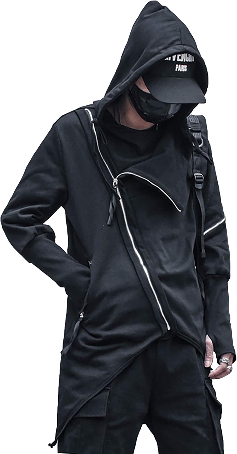 MOKEWEN Men's Casual Streetwear Cyberpunk Long Sleeve Tactical Combat Cargo Hoodies with Pockets