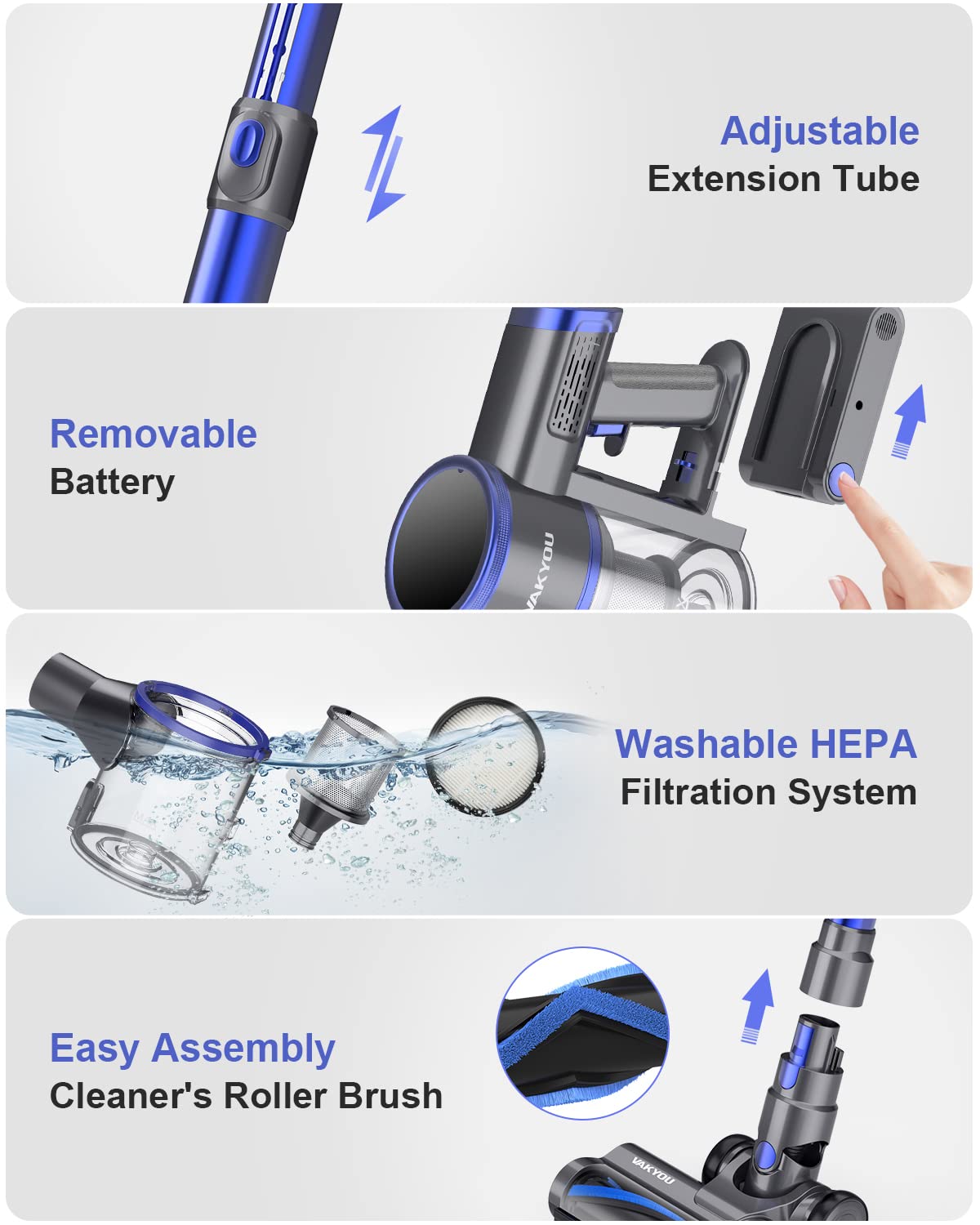 VAKYOU Cordless Vacuum Cleaner, 33Kpa Brushless Motor Stick Vacuum with LED Screen 400W Vacuum Cleaner 7 * 2500mAh Rechargeable Lightweight Handheld Vacuum 55mins Runtime