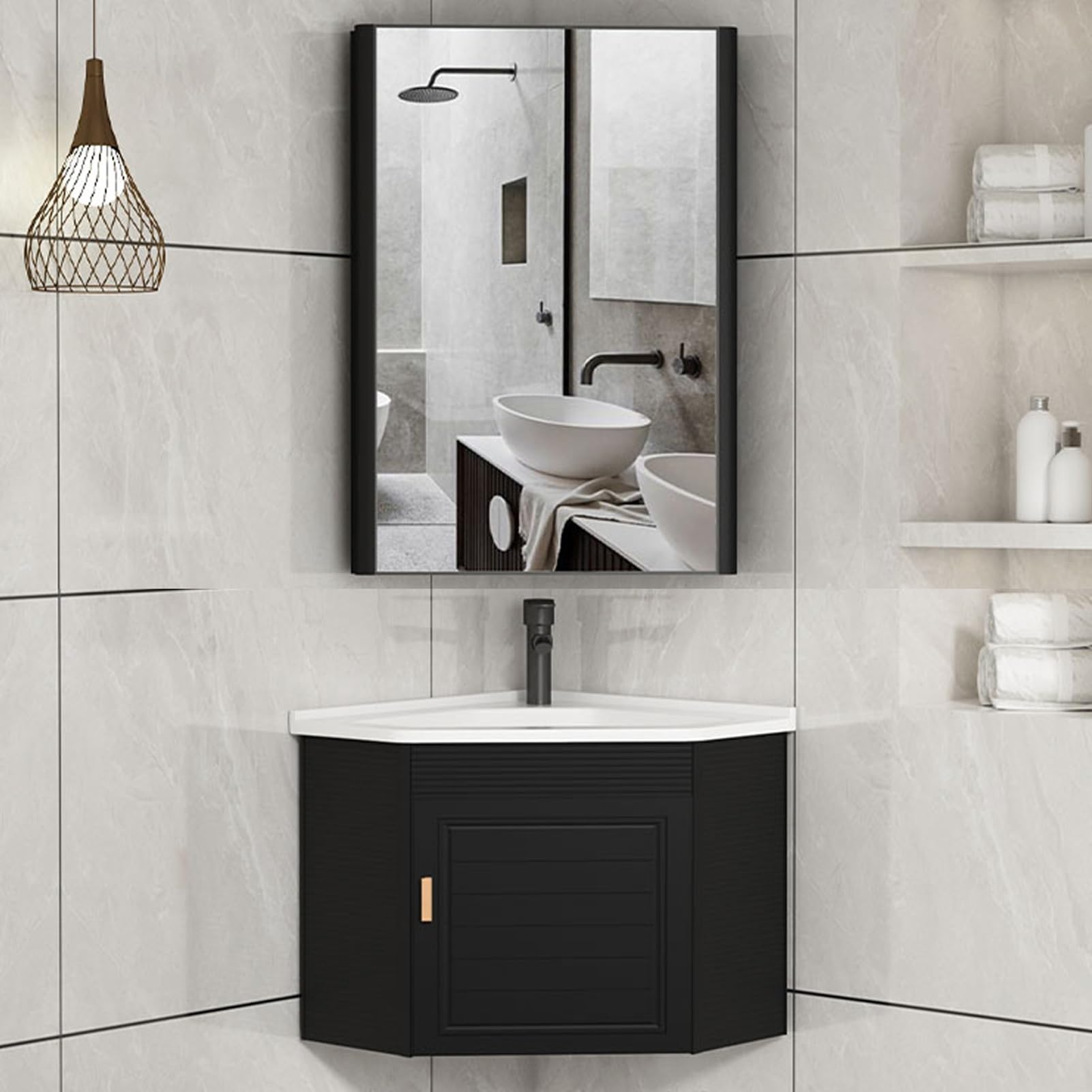 GLJTUO White Corner Bathroom Sink Cabinet with Mirror 42cm Wall-Mount Ceramic Sink Storage Space-Saving Vanity for Kitchen & Lavatory Modern Design ct Solution,Black-47cm/18.5in