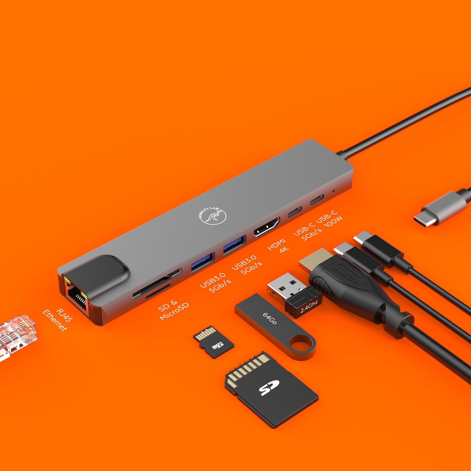 Mobility Lab – Hub Adaptateur USB-C 8 en 1 100W – HDMI, 2 Ports USB-C, 2 Ports USB 3.0, Ethernet, Lecteur de Carte SD et Micro SD – Débit Internet Rapide 10/100/1000 MB/s et HDMI 4K