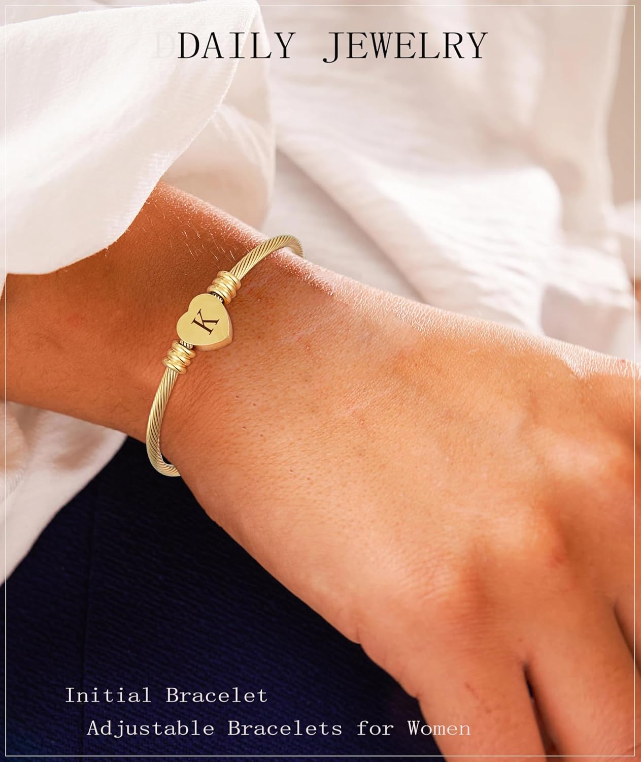 ASCONA Valentines Day Gifts for Her Gold Initial Bracelets for Women Non Tarnish Dainty Stainless Steel Heart Letter A-Z Bracelet Adjustable Cuff Bangle Bracelets for Teen Trendy Cute Bridesmaid Birthday Gifts Jewelry - Image 7