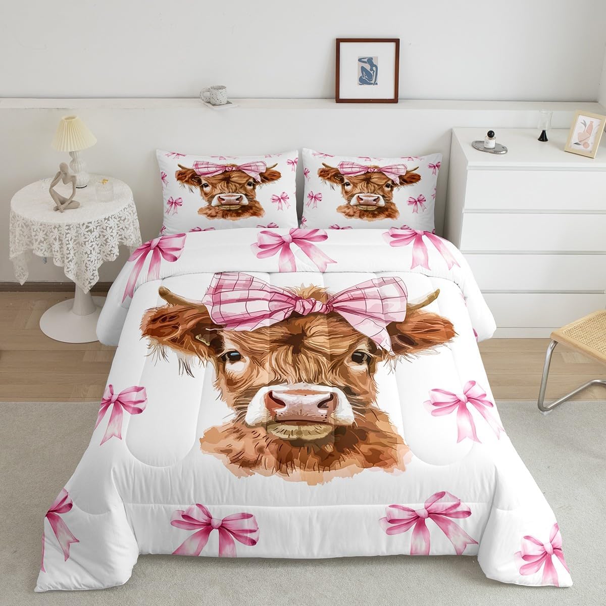 Feelyou Highland Cow Bedding Set Boys Girls Full Size Highland Cattle Comforter Set for Kids Women Men Pink Bow Comforter Kawaii Animal Duvet Set Cute Quilt Set