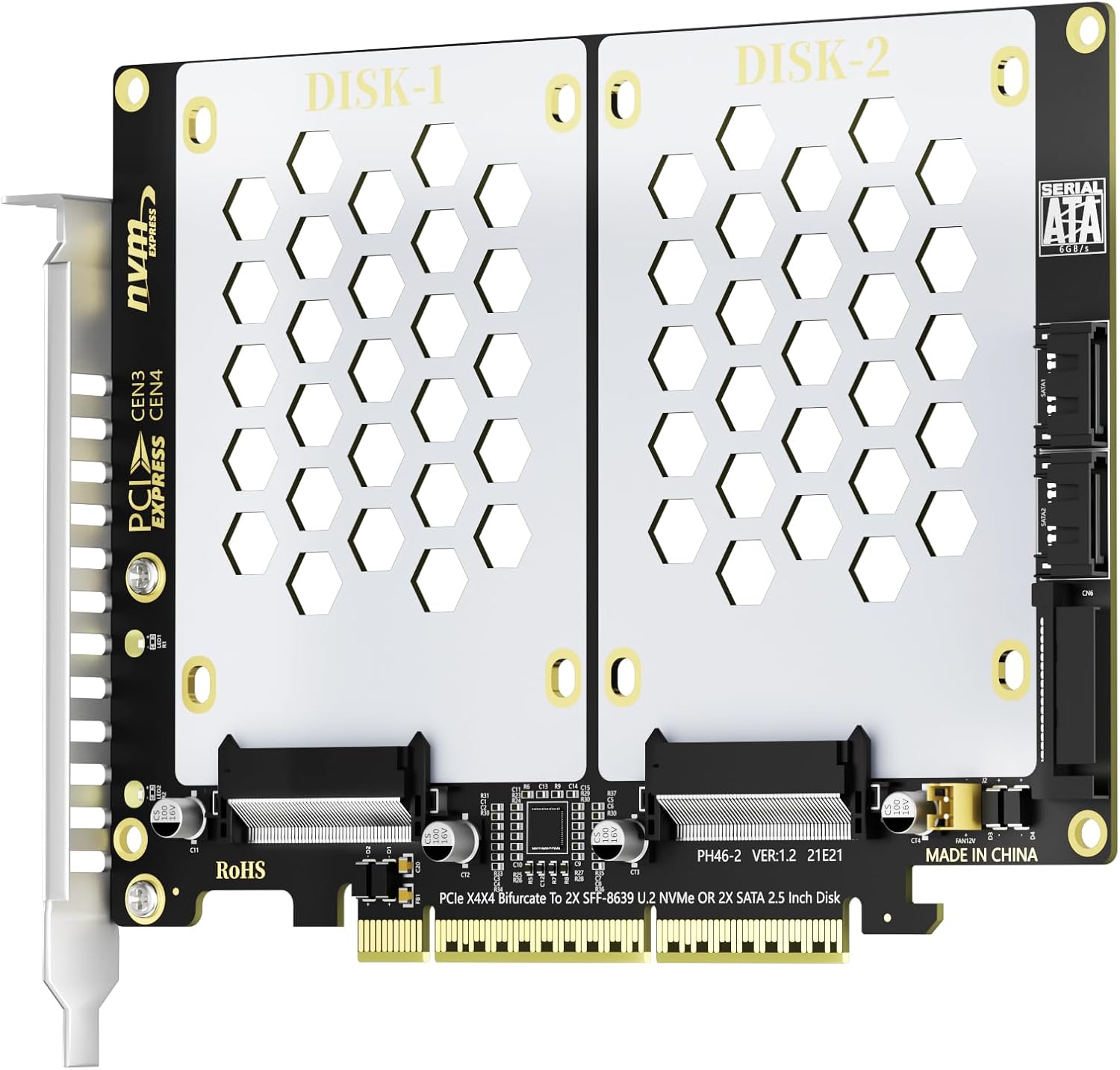 Dual U.2 to PCIe 4.0 x8 Adapter Card, Supports U.2 NVMe SSDs and SATA SSDs/HDDs, Up to 128Gbps Bandwidth, Bifurcation Required