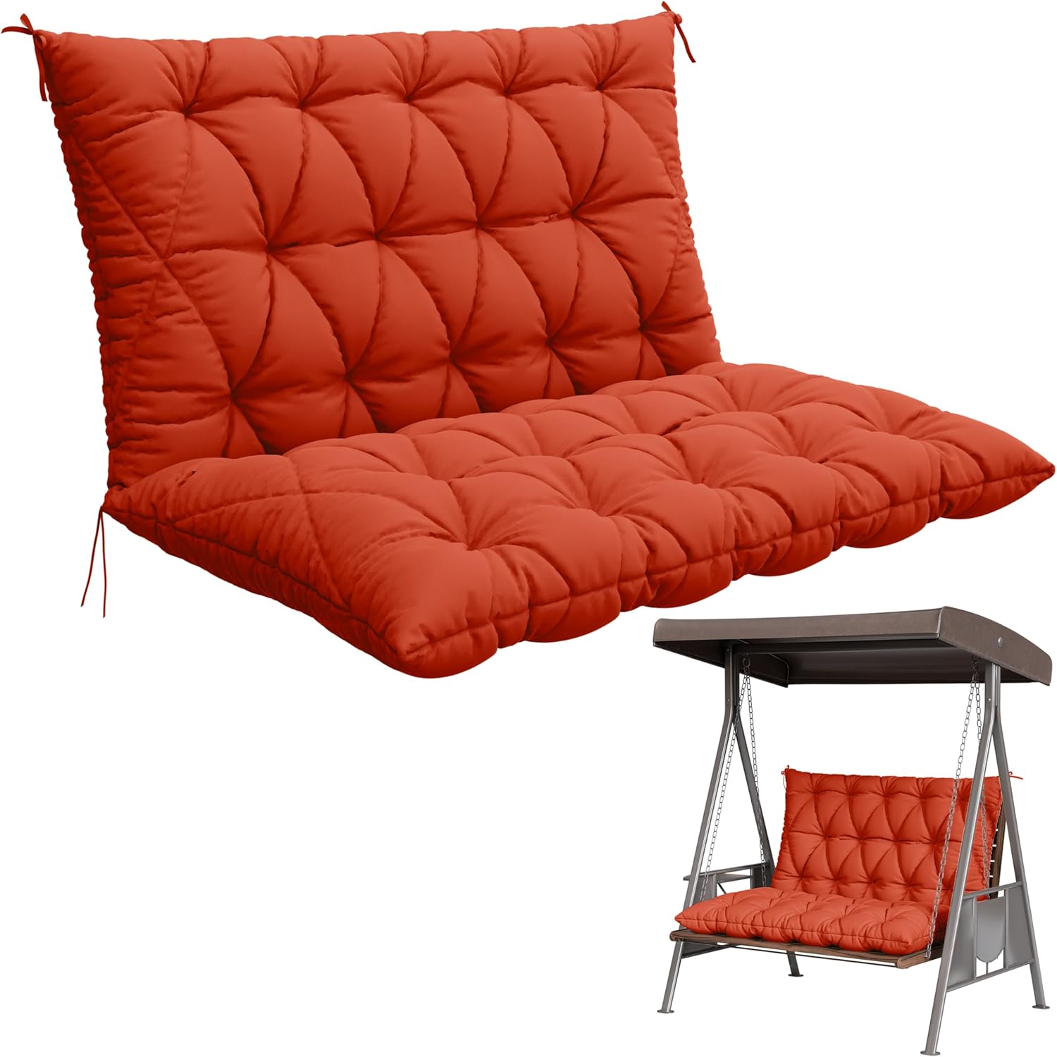 Porch Swing Cushion with Backrest,Waterproof Bench Cushion for Outdoor Furniture,2-3 Seater Replacement Thickened 5 in swing cushion,with Ties,Patio,Outdoor,Backyard and Garden (Orange,47x40 in)