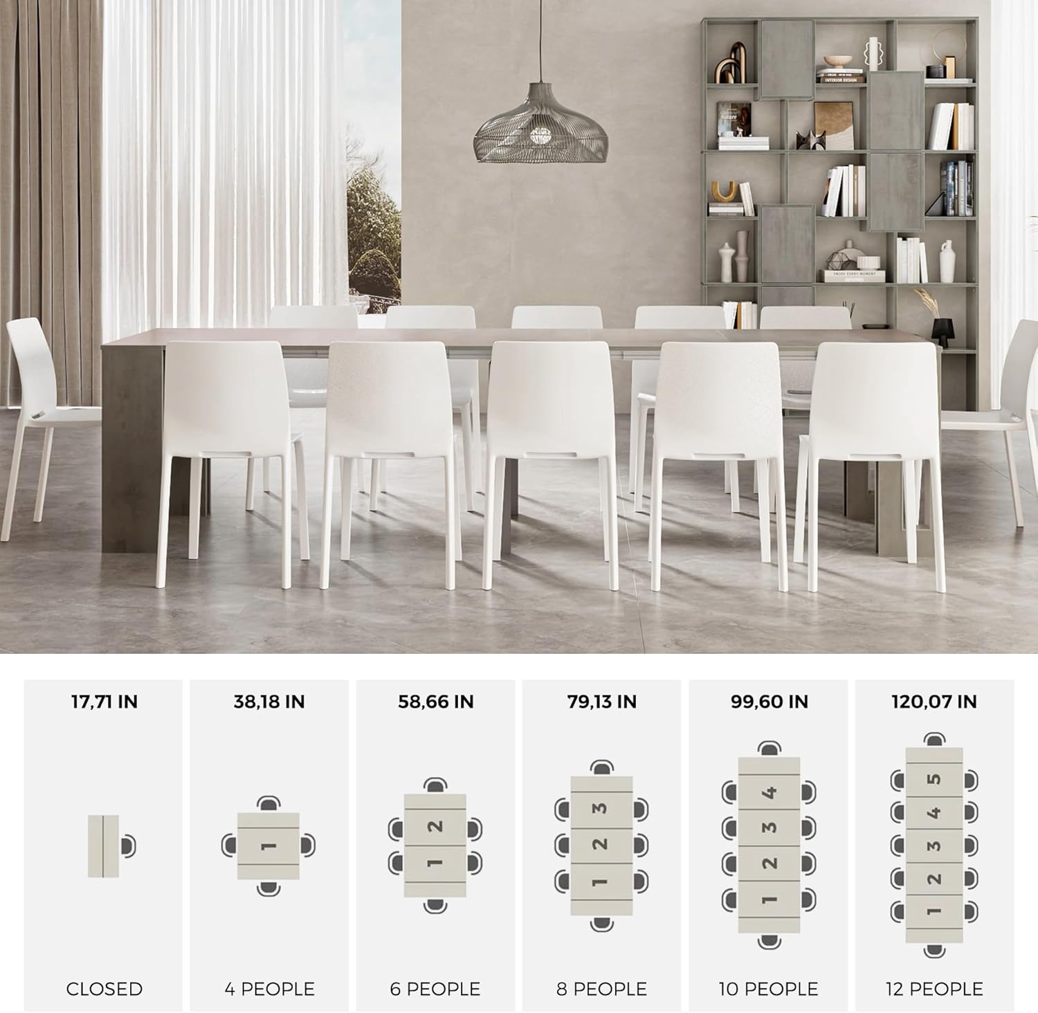 Mobili Fiver, Easy, Extendable Console Table with Extension Leaves Holder, 17.7(120.1) x35.4 in, Concrete Effect, Grey, Made in Italy