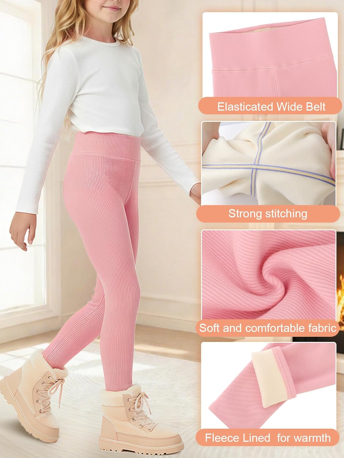 Girls Fleece Lined Leggings Full Length Leggings for Girls Winter Thick High Waist Pants for Kids - Image 4
