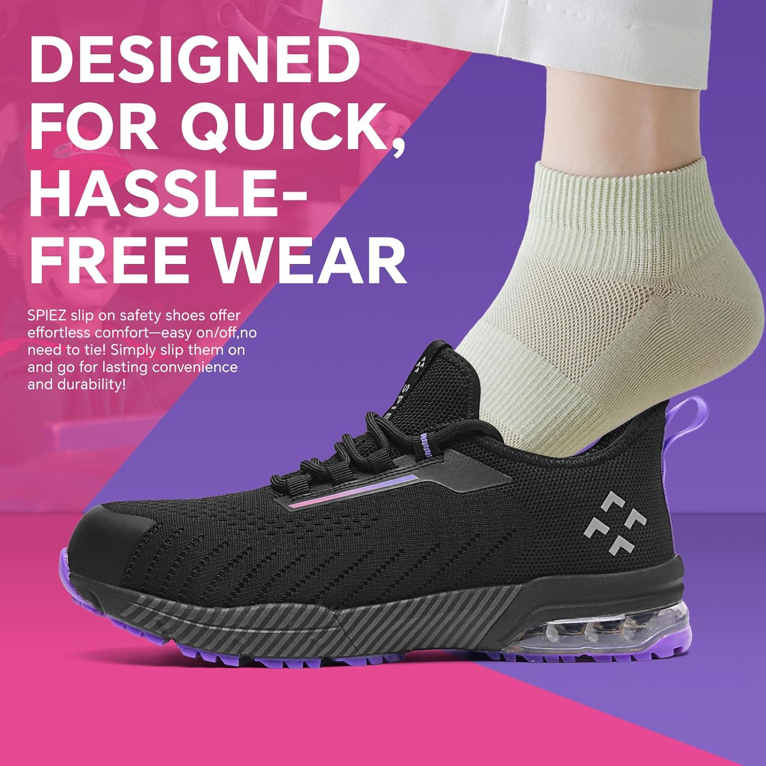 SPIEZ Women‘s Safety Shoes Lightweight - Non Slip Composite Toe Work Shoes with Air Cushion, Slip on Fashion Sneakers for Woman Daily Wear with Arch Support Insole, Black Purple US 5-9.5 - Image 3
