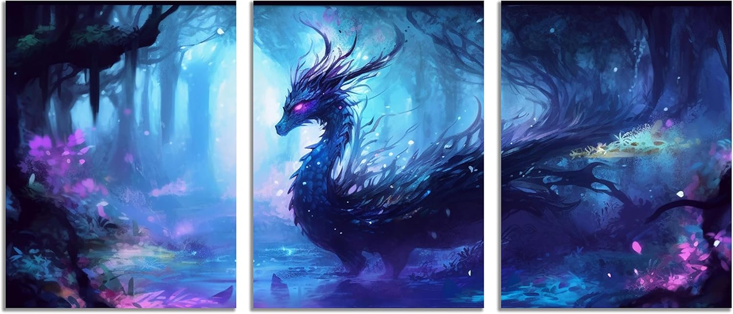 Dragon Wall Art Psychedelic Room Decor Blue Spirit Dragon Oil Painting on Canvas Wall Art for Modern Home Decoration with Framed Art Micro Spray Can Directly Hang 3 Pcs Canvas Prints 12X16inches