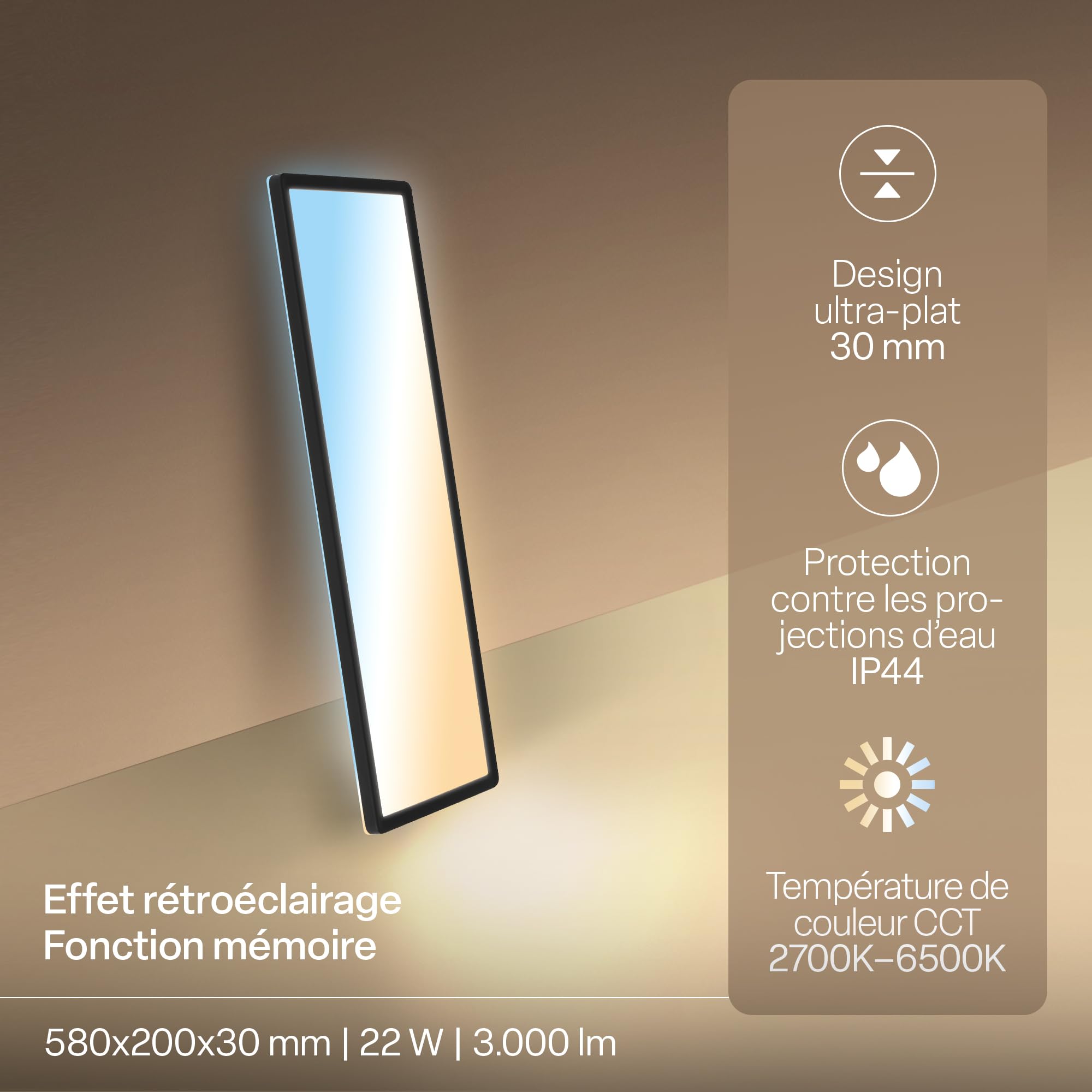 B.K.Licht - Plafonnier LED plat avec télécommande, CCT réglable de chaud à lumière du jour, intensité réglable, IP44, plafonnier salle de bain, lustre cuisine, lustre salon, 58x20x3 cm, noir