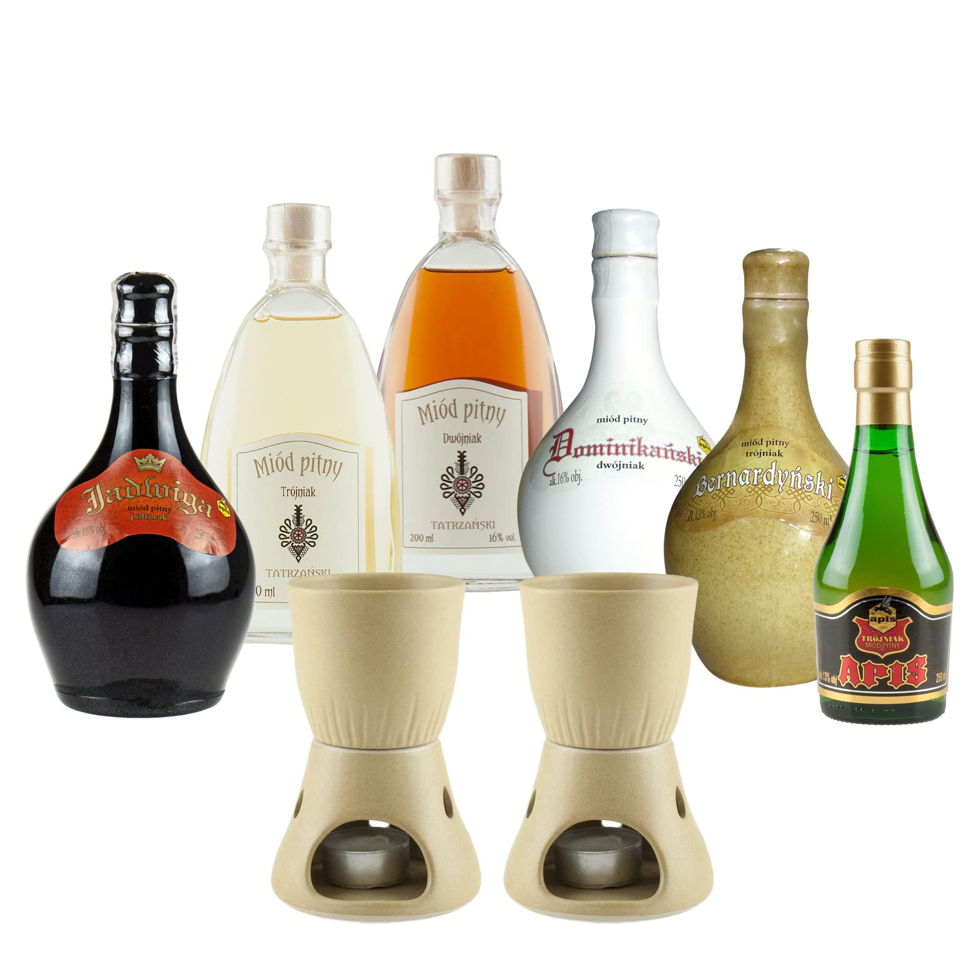 Setz von 6 Mets mit Keramikwärmern (Honigwein Półtorak-Eineinhalber/ 2x Dwójniak-Halber / 3x Trójniak-Drittel) |1400ml | 13-16% Alkohol Metwein | Polnische Produktion