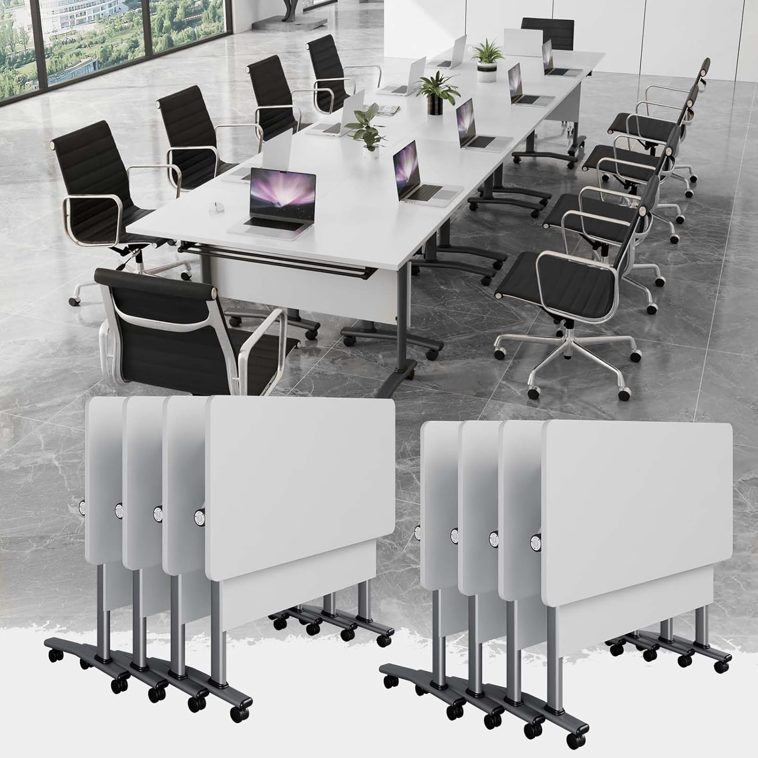 Conference Table Folding Conference Room Tables, Modern Mobile Foldable Training Table with Wheels for 6-12 Person, Modular Seminar Meeting Tables for Office School (4, Grey-1915, 47.2Inch)
