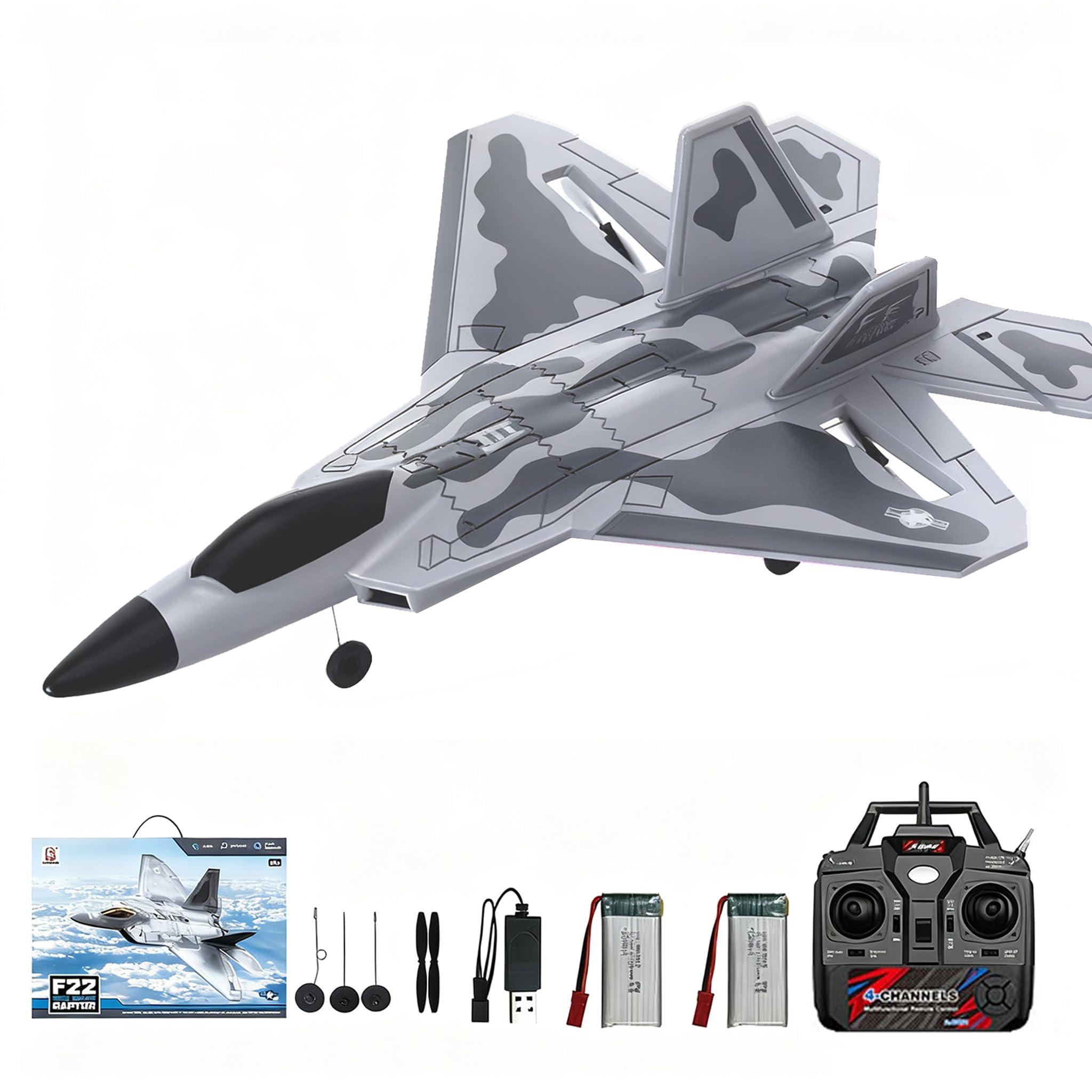 RC Plane 4 Channel, F22 Remote Control Airplane, 2.4GHZ RC Jet Fighter with 6-Axis Gyro Stabilizer, 3D/6G Mode, 2 Batteries, RC Fighter Aircraft Plane for Adults Beginners