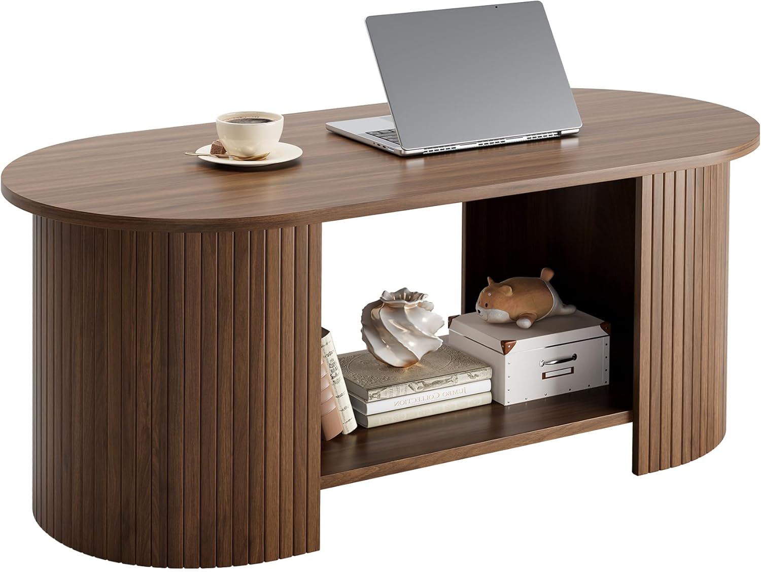 Oval Fluted Coffee Table, 2-Tier Center Table with Large Storage, Mid-Century Modern Wood Coffees Table for Living Room, Home Office, Small Space, Walnut