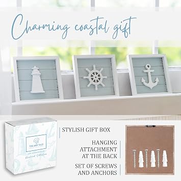 TideAndTales Nautical Wall Decor & Blue Seashells, Starfish with 3D Anchor, Lighthouse & Ship Wheel, Rustic Beach Bathroom Ocean Home Decoration, Coastal Theme Nautical & Ocean Inspired Beach, Set of