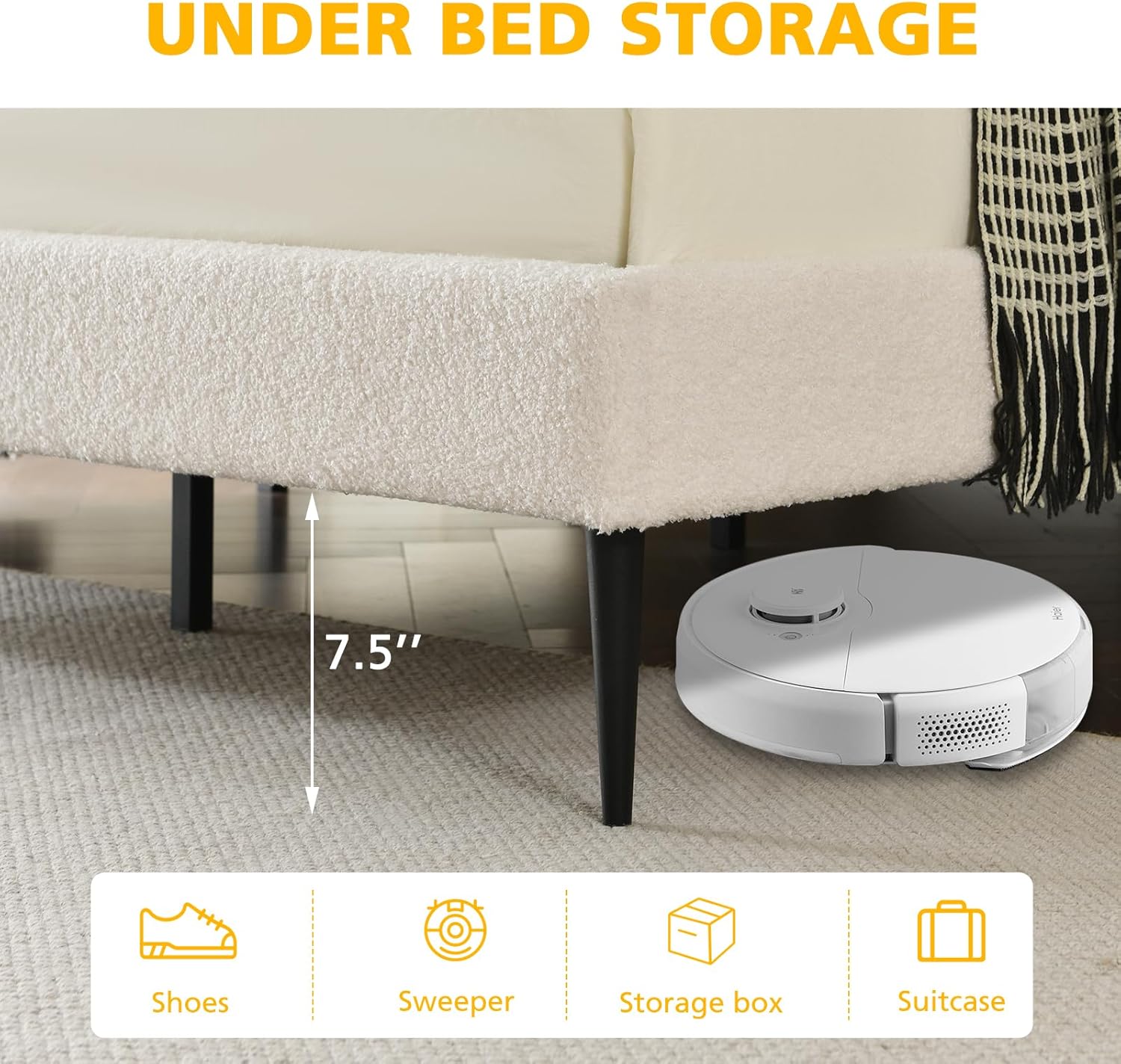 VELOCAVA Full Size Boucle Bed Frame with Seashell Headboard, Upholstered Cloud Platform Bed, Rounded Corners, Wooden Slats Support, No Box Spring Needed, Easy Assembly, Cream White