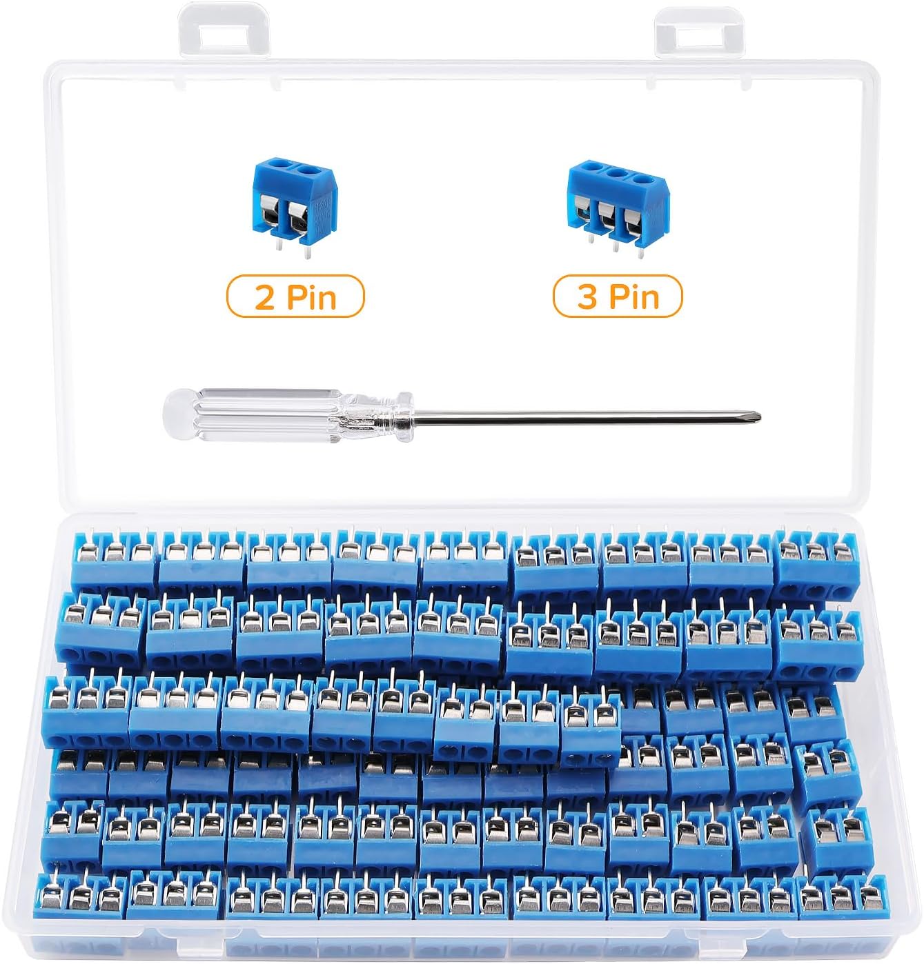 100 PCS 5mm Pitch 2/3 Pin PCB Mount Screw Terminal Block Connector, PCB Terminal Block, with Screwdriver, for Arduino DIY Project, Blue