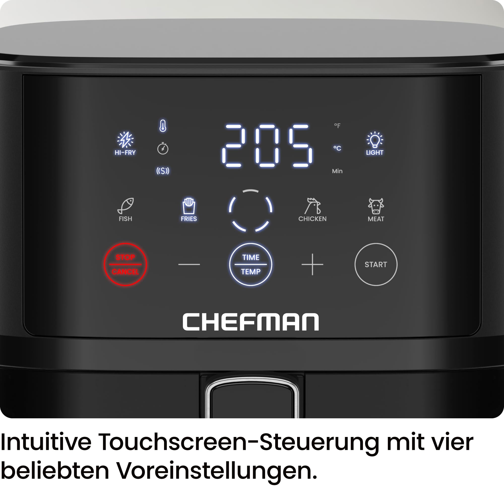 Chefman Heißluftfritteuse 3,75L mit Hi-Fry-Technologie, Sichtfenster | Kompakt, Touch Controls, antihaftbeschichtet, spülmaschinenfest, Schwarz