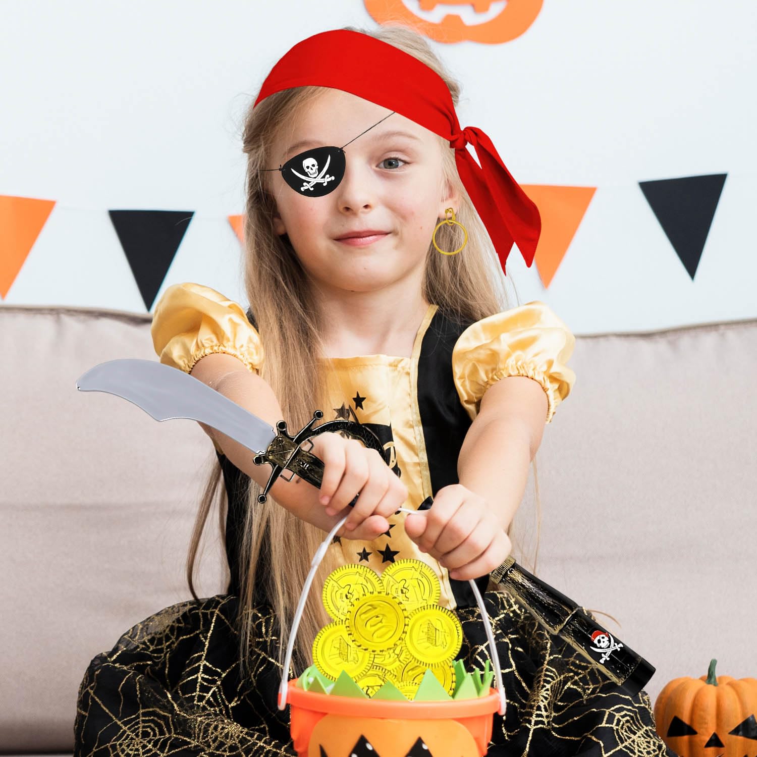 Bagtopia Pirate Accessories for Kids 6Pcs Pirate Costume for Boys Girls Head Scarf, Eye Patch, Earring, Telescope, Coins - Image 2