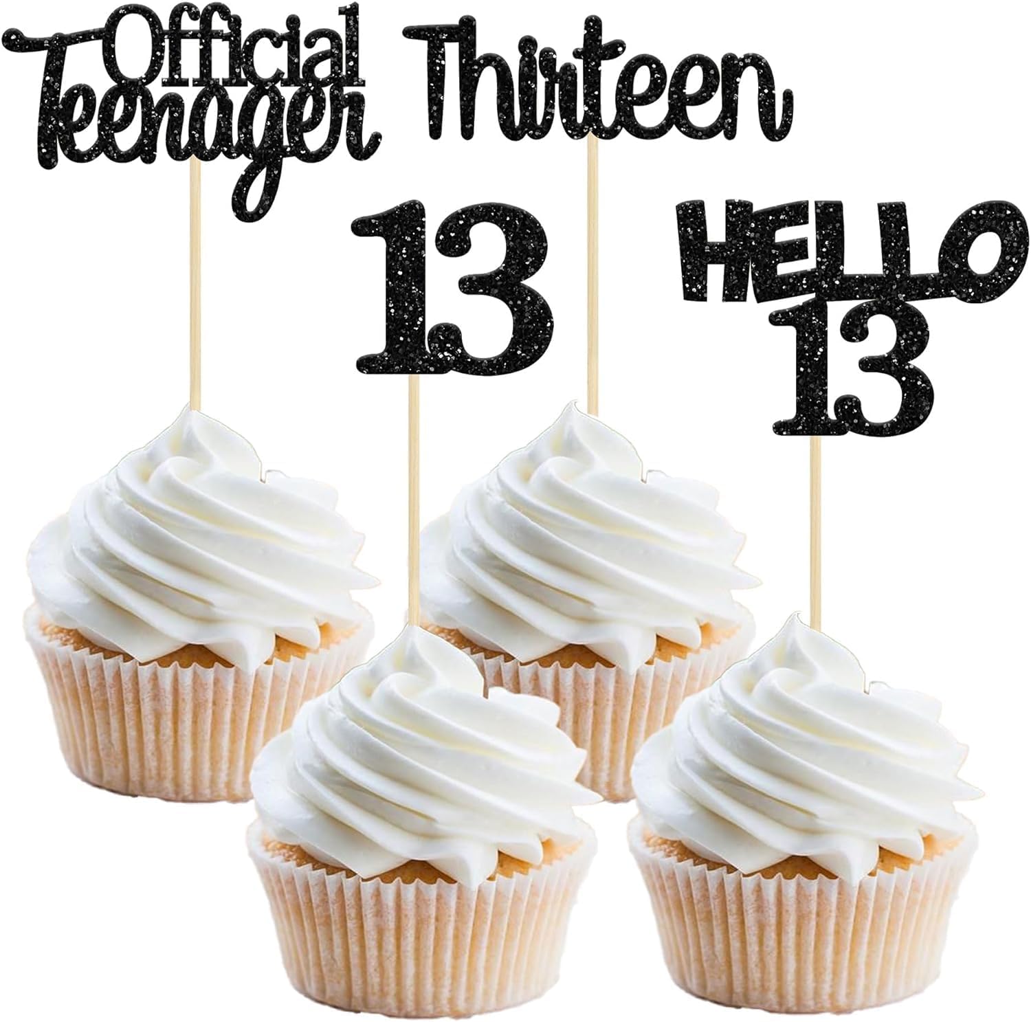 Confetti! 24Pcs 13th Birthday Cupcake Toppers Glitter Thirteen Official Teenager 13 Cupcake Picks Hello 13 Years Cake Decorations for Happy 13th Anniversary Party Supplies Black