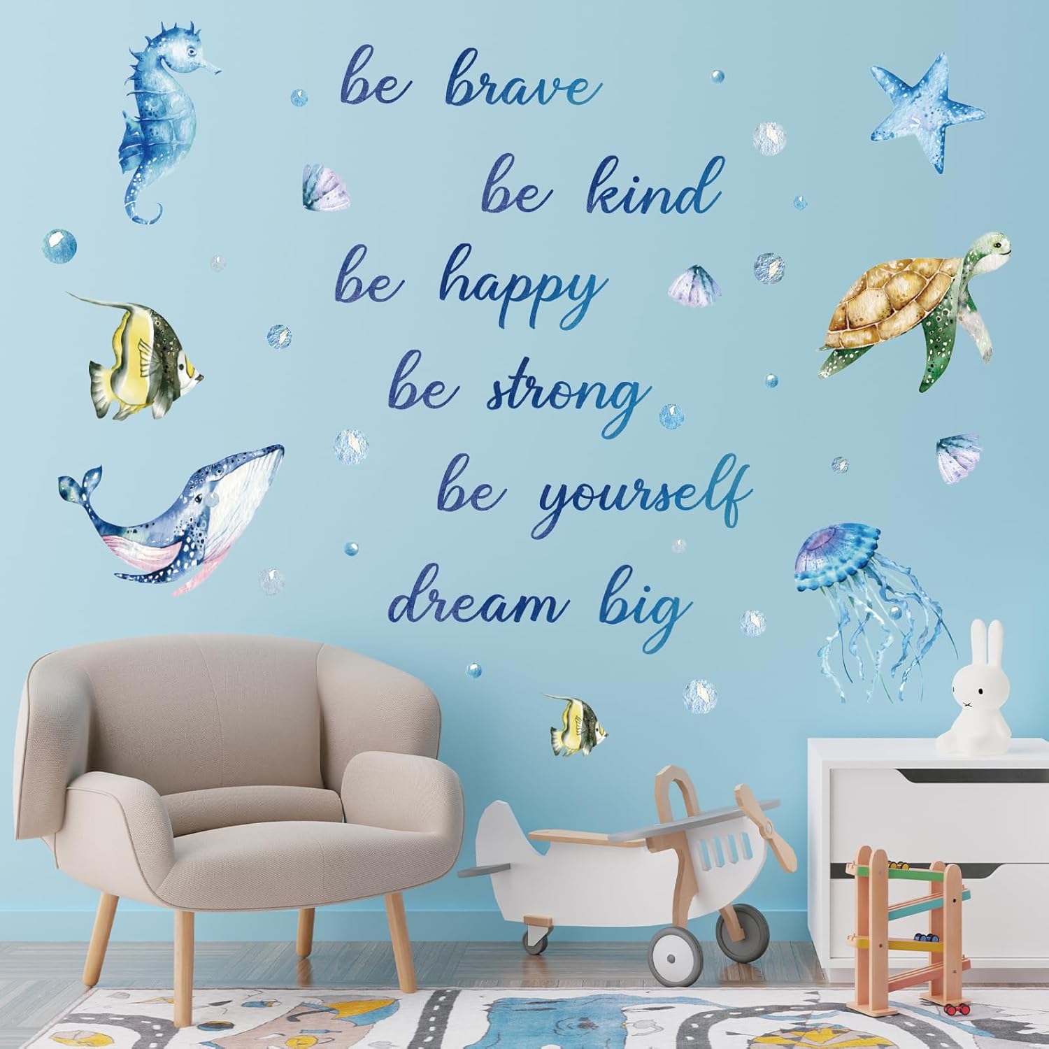 JarThenaAMCS 4 Sheet Ocean Wall Decals Under The Sea Fish Inspirational Quotes Wall Stickers Waterproof Marine Animal Room Decor for Summer Nursery Bedroom Bathroom Party Supplies