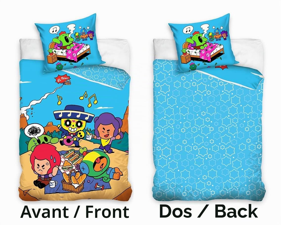 Familando Parure de lit réversible Brawl Stars - Motif EL Primo - 135 x 200 cm + 80 x 80 cm - 100 % coton - Qualité linon - Taille standard allemande