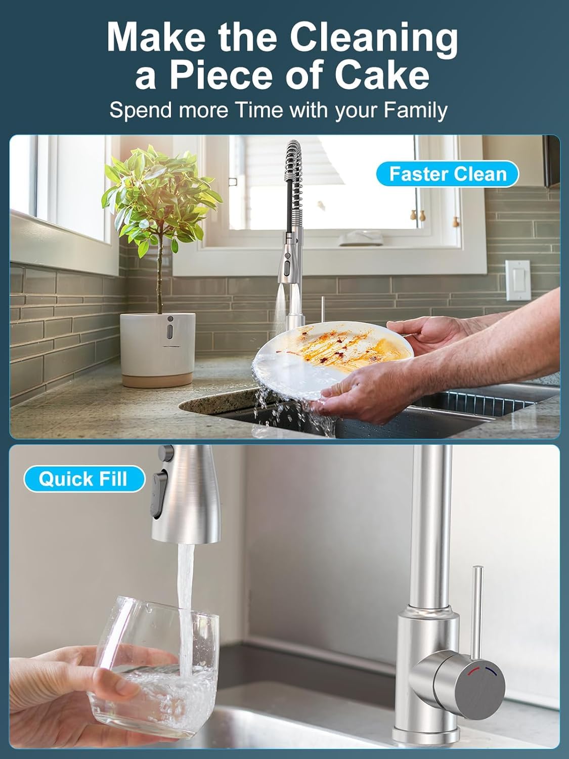 Mitigeur Cuisine avec Douchette Extractible, Robinet Évier Cuisine en Acier Inoxydable, Bec Pivotant 360°, 4 Modes de Jet, Arc Haut pour Évier de Cuisine 1 Trou