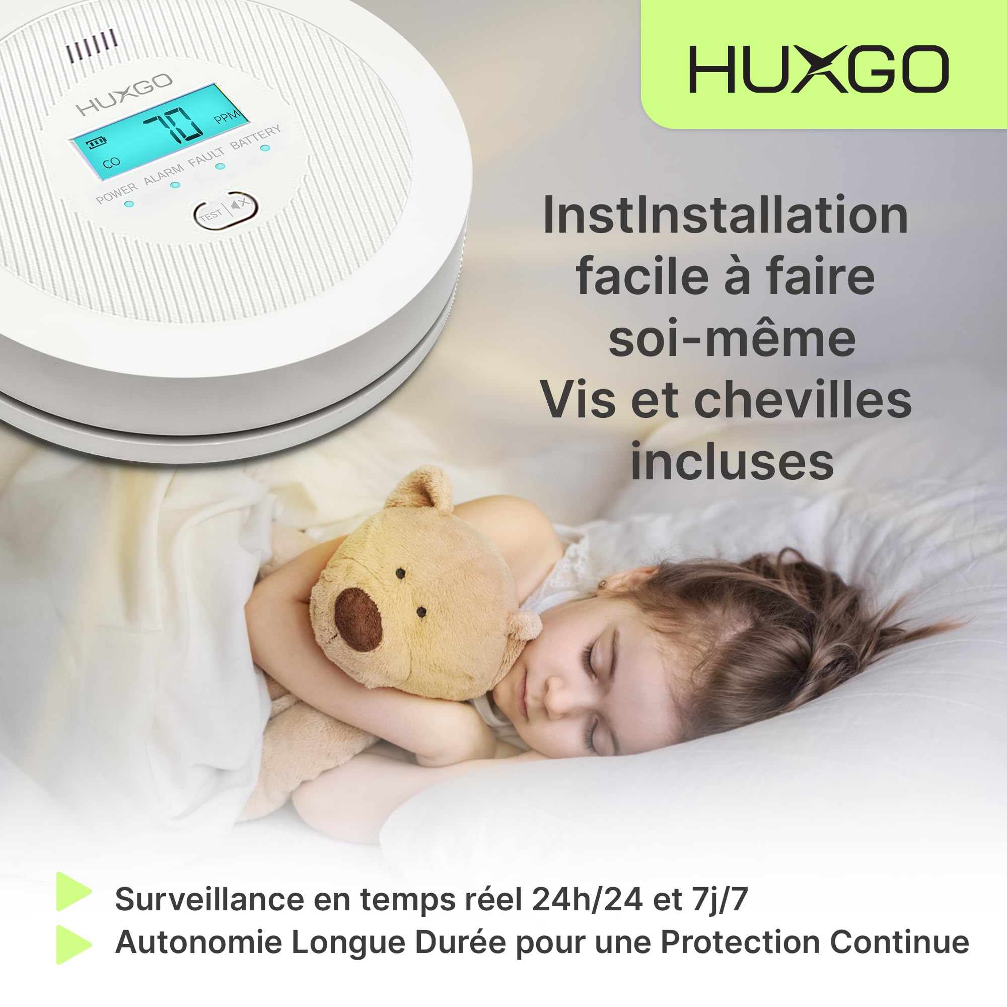 Détecteur Monoxyde De Carbone HUXGO HXAC03 - Alarme CO Écran LCD Piles Pour Maison