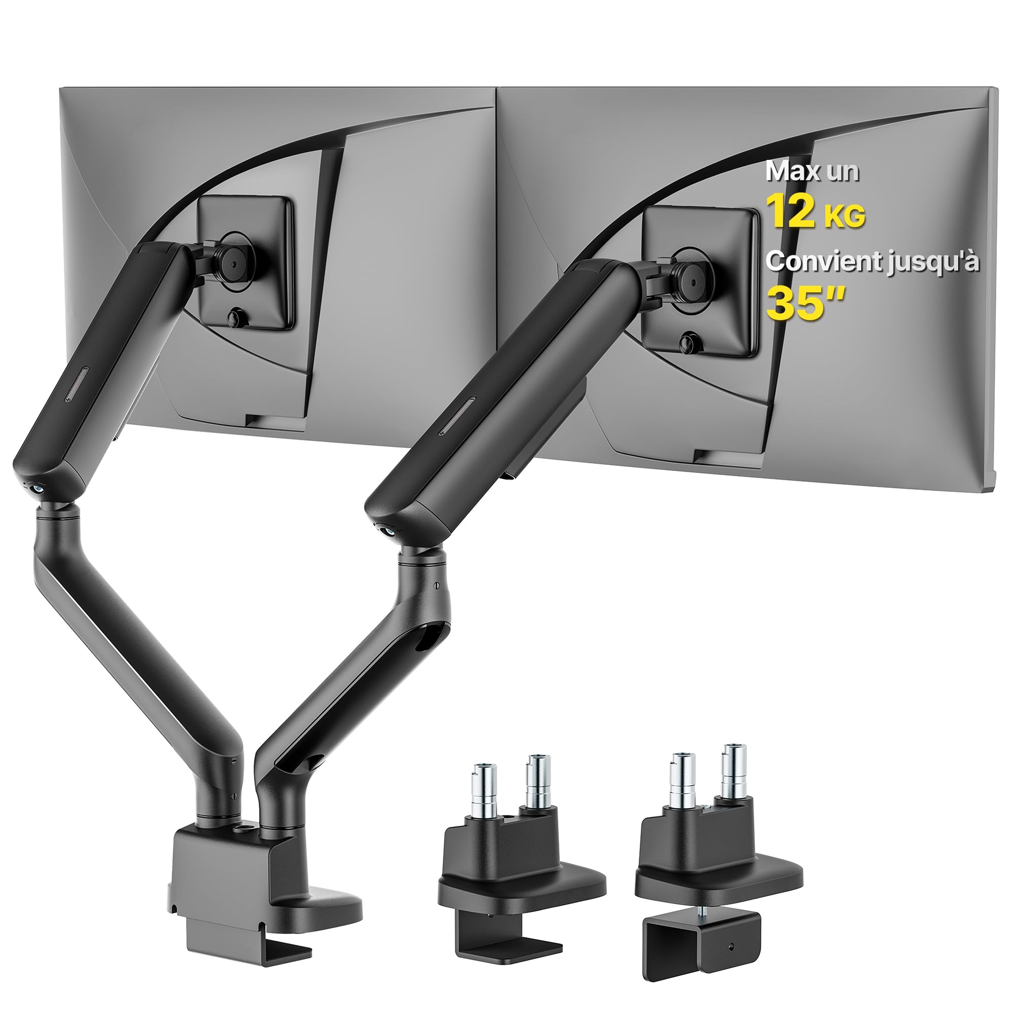 monTEK Brazo Monitor Doble 17-35", Soporte Escritorio con Resorte | Mecánico Resistente, Máx 12kg por Brazo, VESA 75/100mm, Ajustable, Giratorio e Inclinable, Montaje Pinza y Ojal