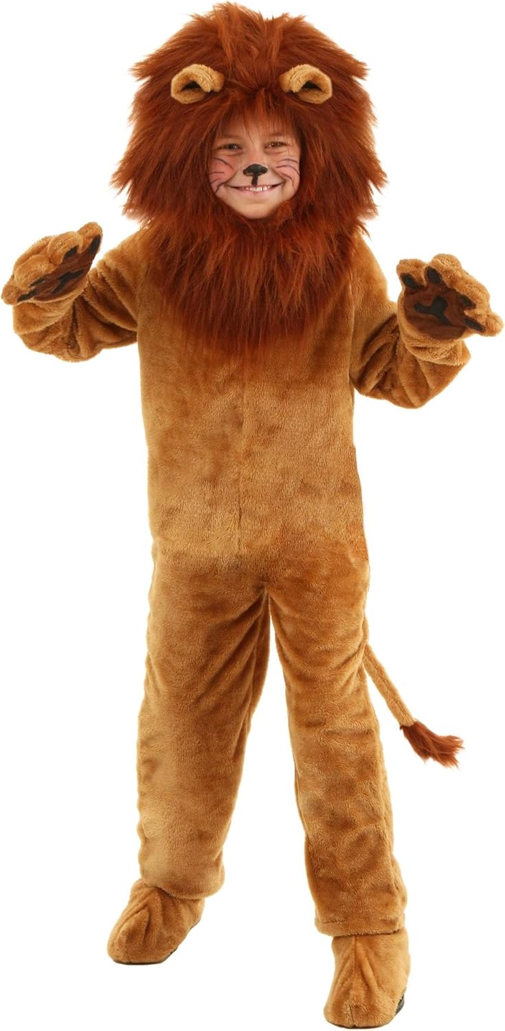 Deluxe Kid's Lion Costume with Mane Headpiece, Faux Fur Jumpsuit, Mitts, & Shoe Covers - Safari Animal Outfit
