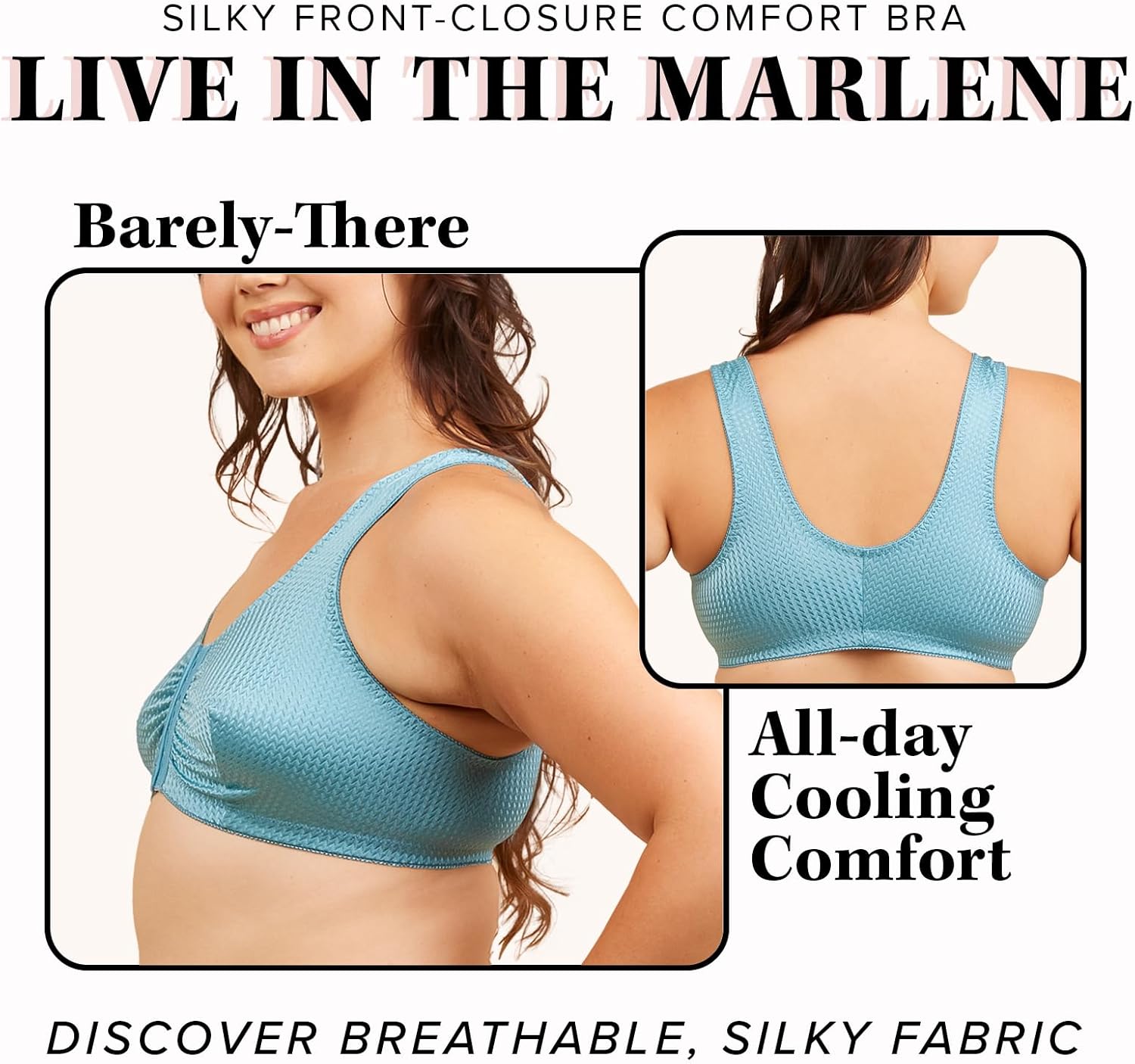 Leading Lady, Marlene, Front-Closure Bra for Women, Wireless, Full Coverage, Wide Straps, Breathable, Unlined, Silky, 36B-52G