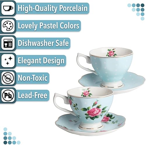 Miniatura 4 de BTaT- Juego de 2 tazas de té y platillos florales, 8 onzas, con borde dorado, tazas de café, juego de tazas de té floral, tazas de té británicas,