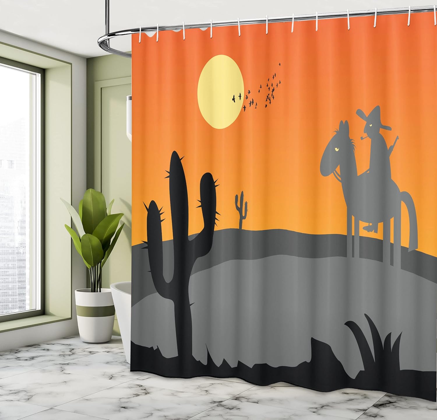 Ambesonne Southwestern Shower Curtain, Cartoon Style Hot Mexico Desert Landscape with Saguaro Cactus and Horse Rider, Cloth Fabric Bathroom Decor Set with Hooks, 69" W x 70" L, Grey and Orange