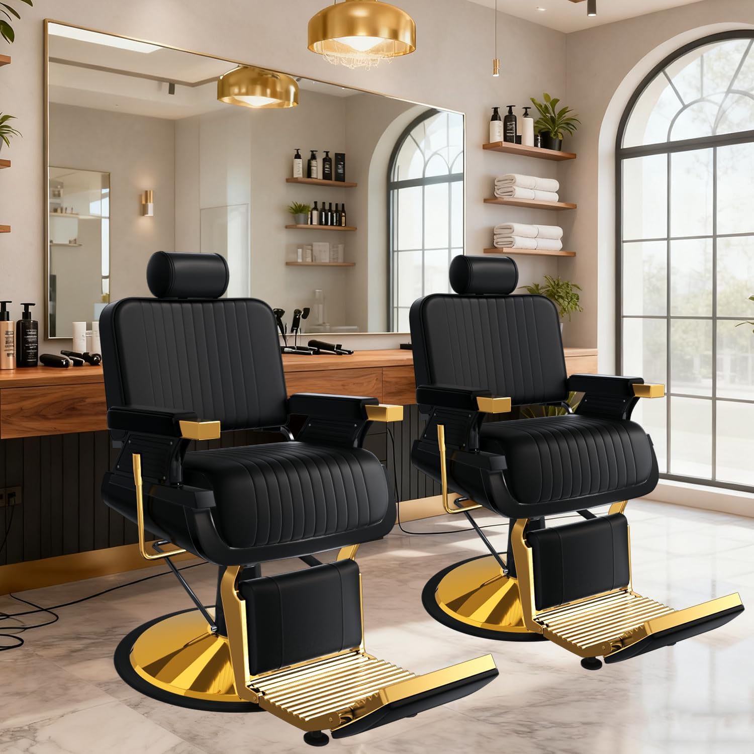 Vintage Barber Chair, Reclining Barber Chair for Barbershop, Heavy Duty Hydraulic All Purpose Salon Chair Hair Stylist w/Removable Headrest, Professional Beauty Spa Shampoo Equipment, Black Gold