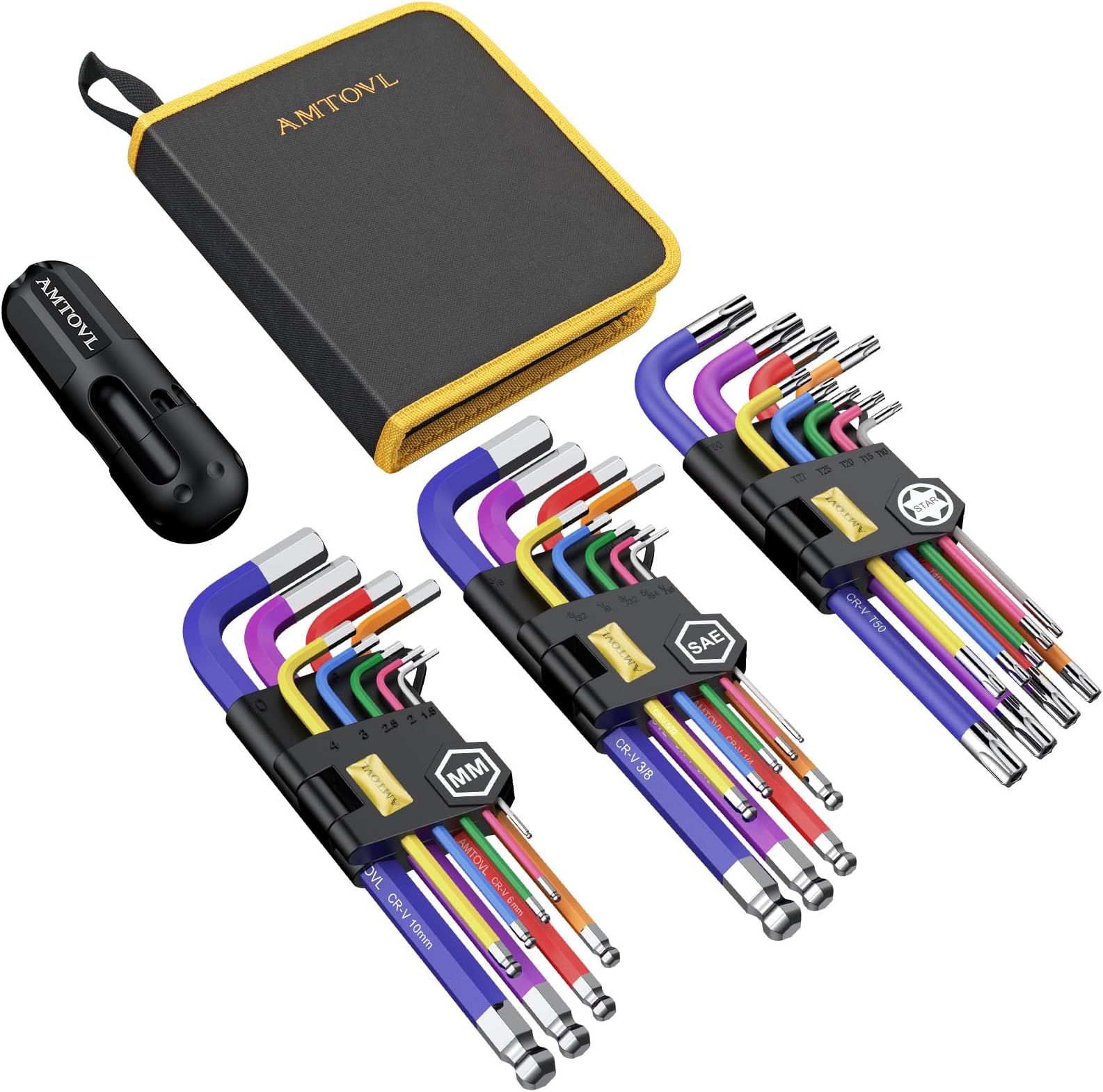 AMTOVL 27PCS Allen Key Set, Metric & SAE Allen Wrench Set, Extra Long Ball & Star End Hex Keys with T-Handle & Color Coding for Bicycle, Household DIY